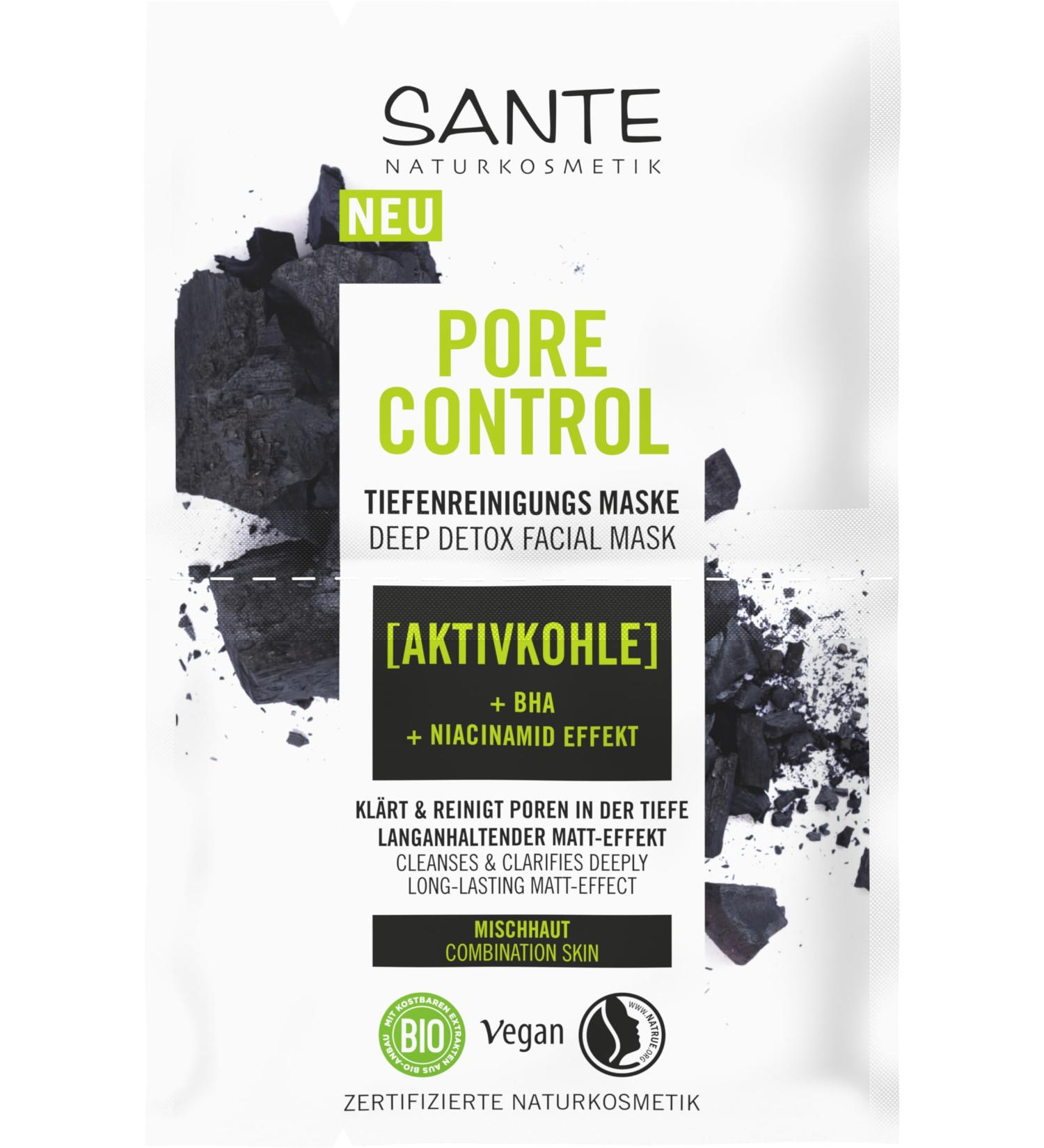 SANTE Naturkosmetik Pore Control deep cleansing mask with matte activated carbon BHA & niacinamide complex vegan face mask for combination skin porerefining facial cleansing 8 ml