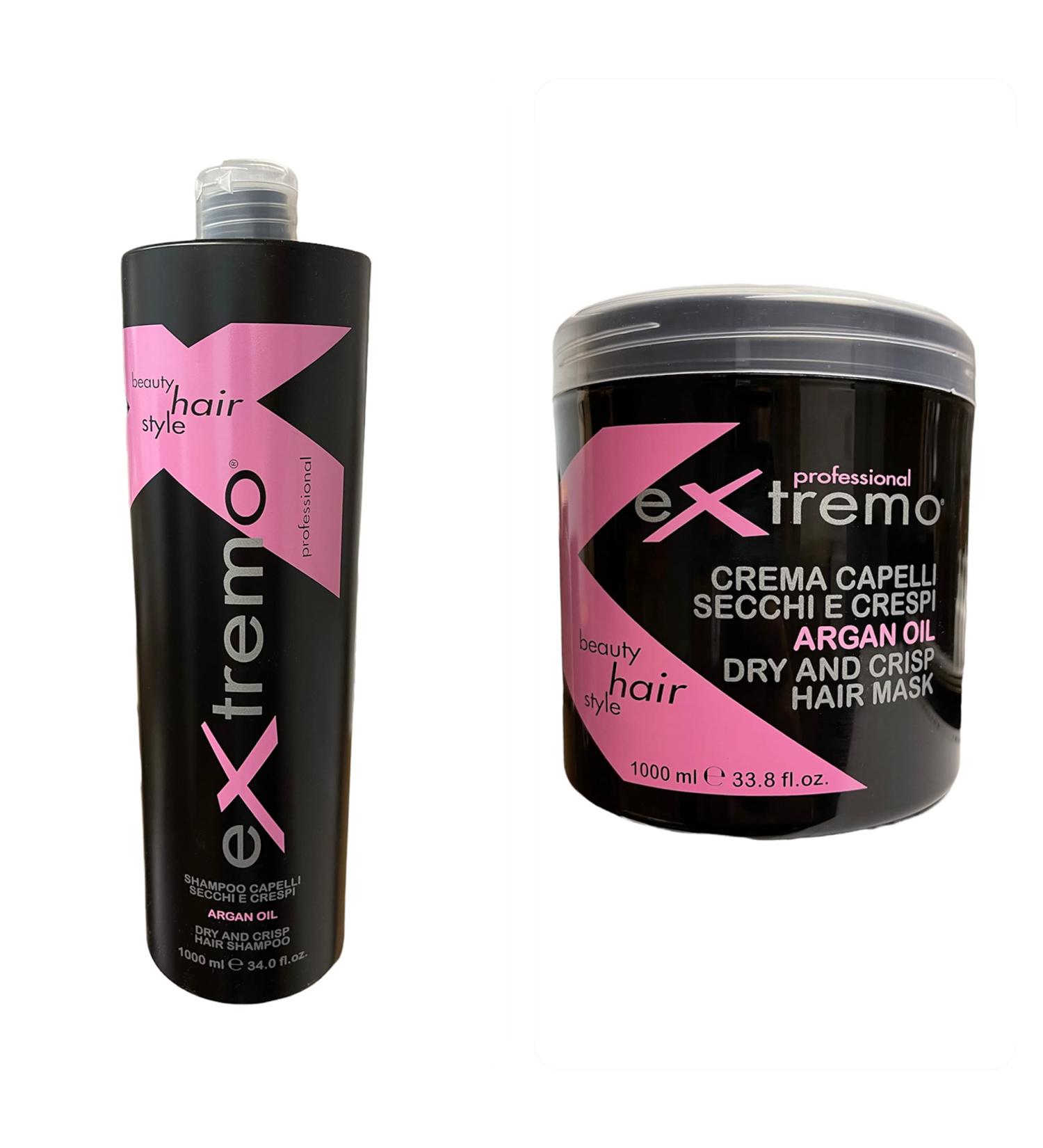 extremo extremo Argan Hair Care Kit for Dry and Frizzy Hair - Shampoo and Hair Mask - 1 Litre Each - Made in Italy