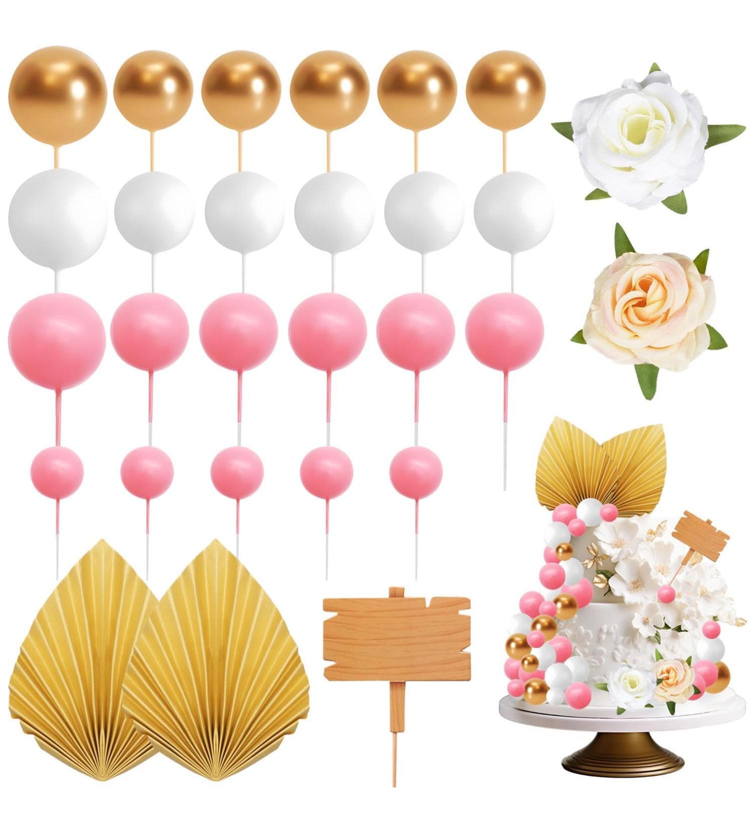 Izoel Boho Cake Topper - Happy Birthday Wooden Decoration with Palm Leaves & Flowers | Perfect for Weddings Baby Showers & Parties - Pink Mini Ball Decor - Buy Online on GoSupps.com