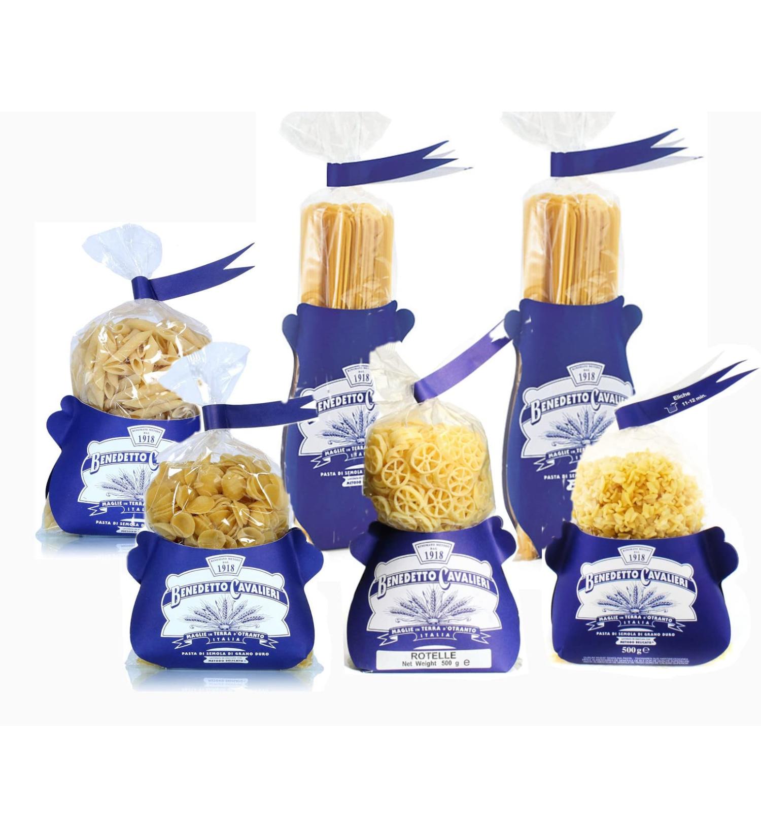  PASTA CAVALIERI LU Vientu Pasta Tasting Box - Cavaliers Spaghetti - Roulettes - Medium Striped - liques - Noodles - Smooth Pens - Durum Grain Semolina Pasta - Artisan product made in Salento (6 x 500 g) - Buy Online on GoSupps.com