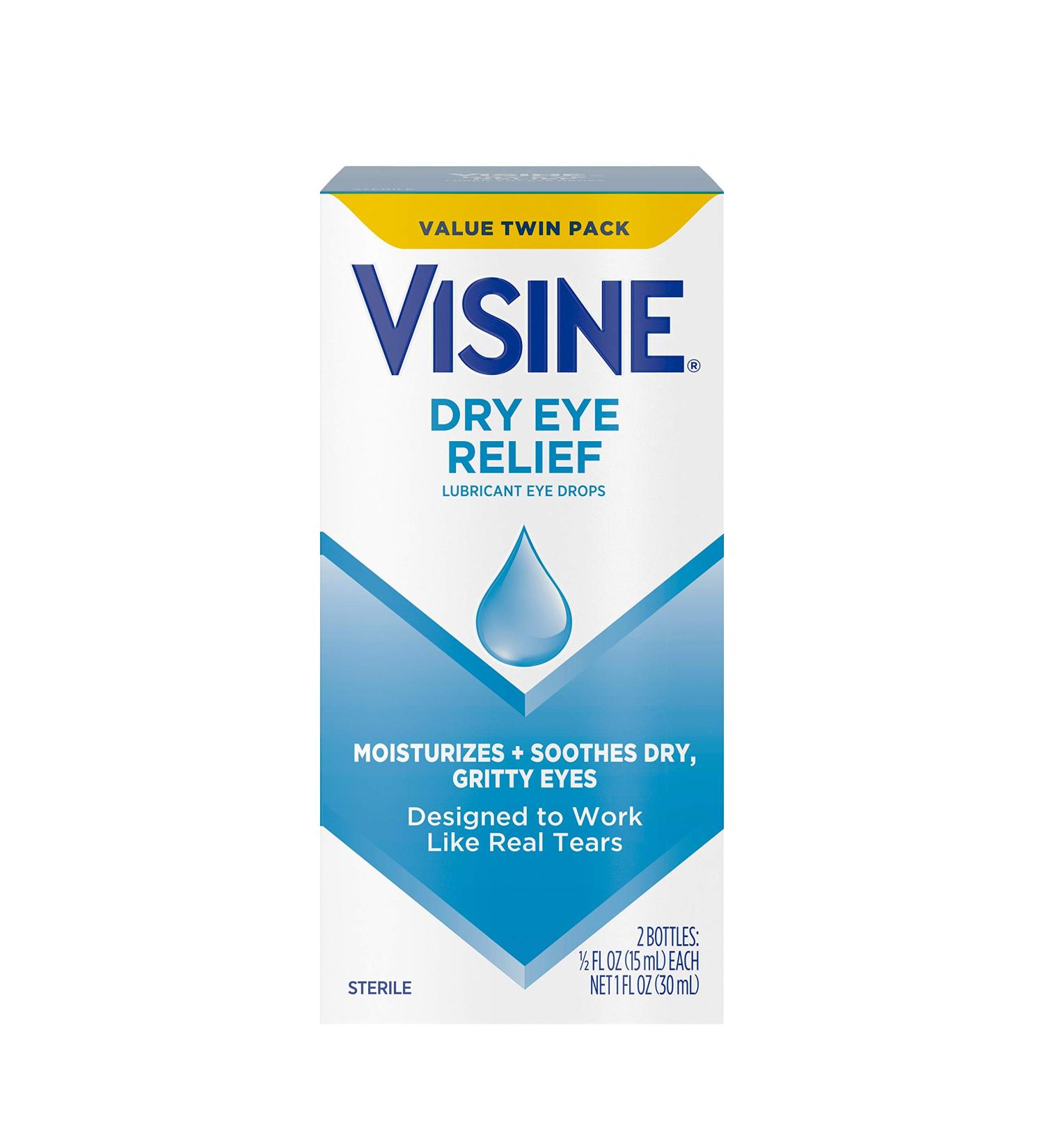 Visine Dry Eye Relief Lubricant Eye Drops Twin Pack - 0.5 fl. oz x 2 | Soothes Dry, Gritty Eyes with Polyethylene Glycol 400 | Moisturizing Formula Mimics Real Tears - Buy Online on GoSupps.com