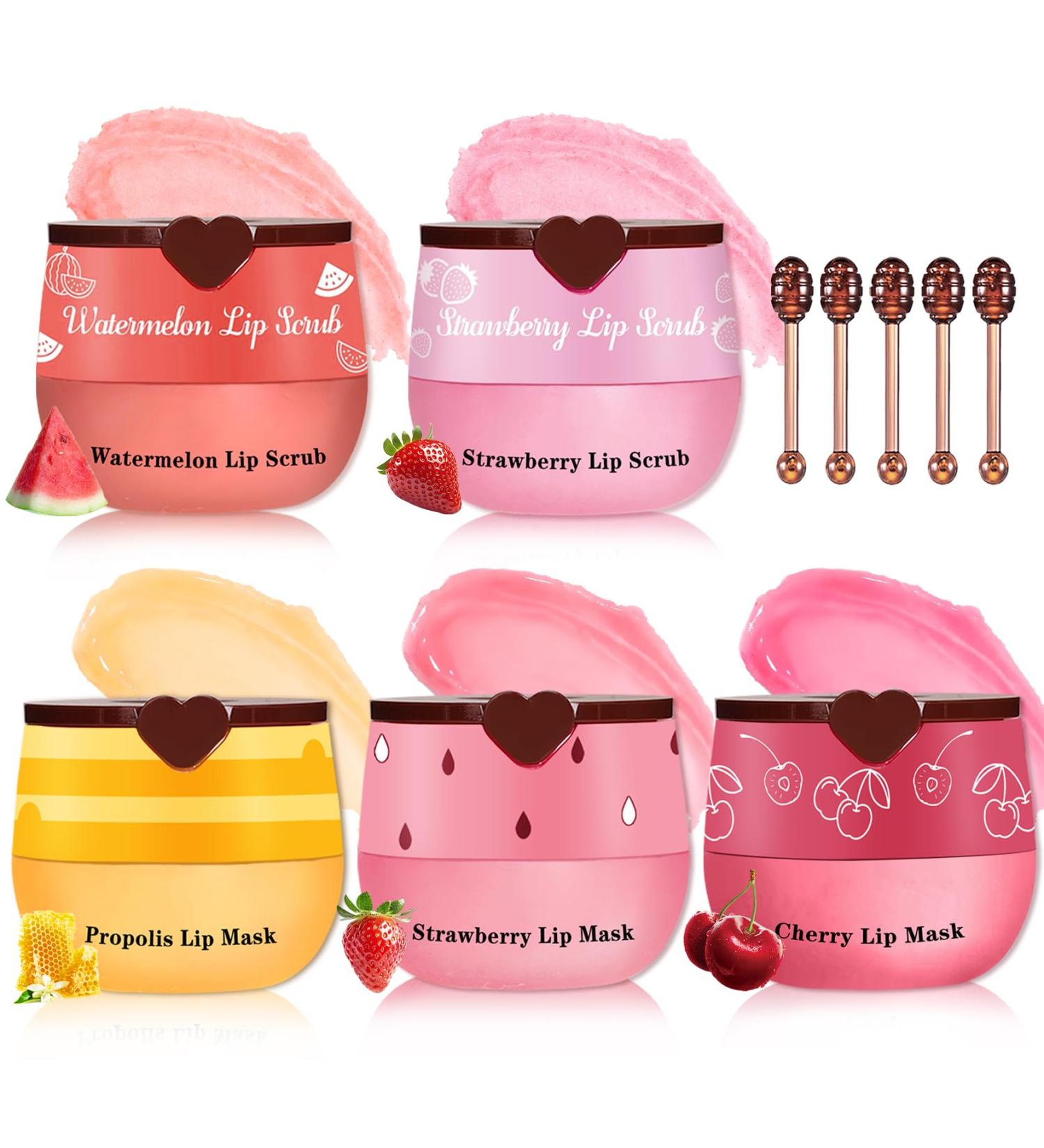 QIUFSSE 5PCS Lip Scrub and Mask Set Cherry Strawberry and Honey Pot Lip Balm 2PCS Lip Exfoliator Scrub and Moisturizer Clean and Repair Reduce Fine Lines Natural Ingredients Cruelty Free - Buy Online on GoSupps.com