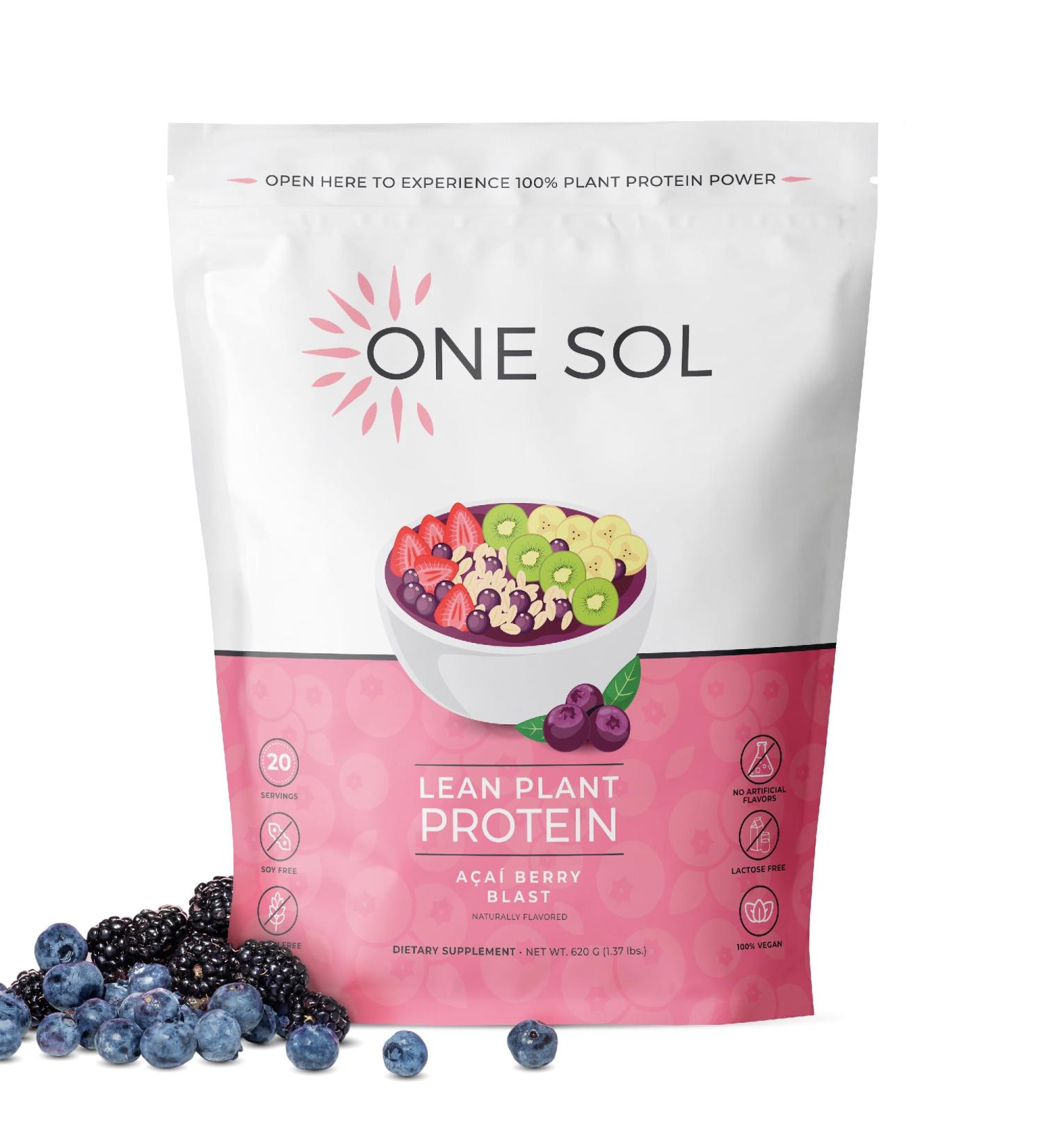One Sol Protein Powder - Lean & Low Carb Gluten-Free Vegan Acai Berry Blast (20 Servings) - No Sugar Non-GMO Lactose-Free Soy Free - Buy Online on GoSupps.com