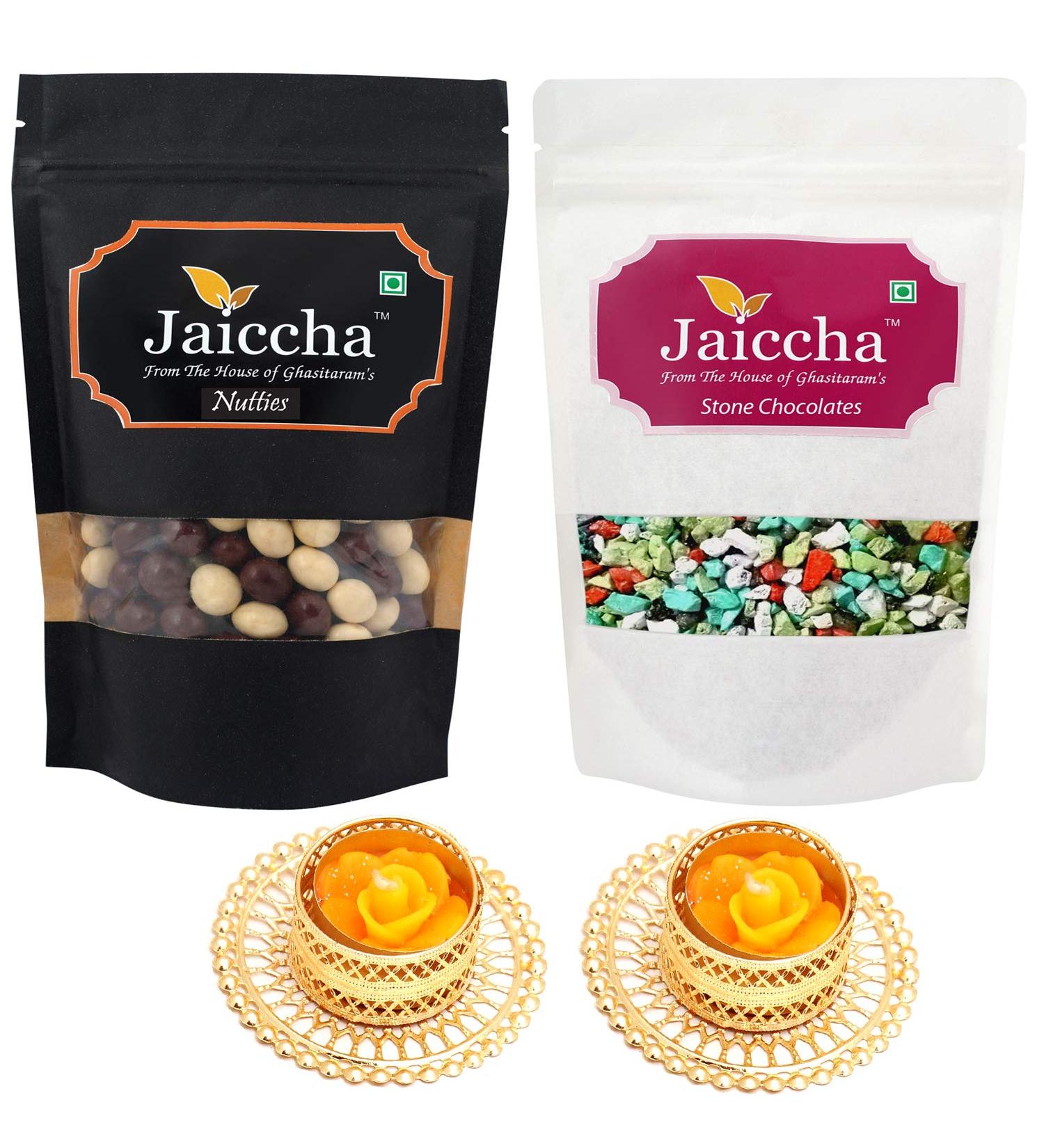 Jaiccha Ghasitaram Diwali Gifts Chocolate - Pack of 2 Nutties and Stone Chocolate Pouches Small 200 GMS with 2 T-Lites - Buy Online on GoSupps.com