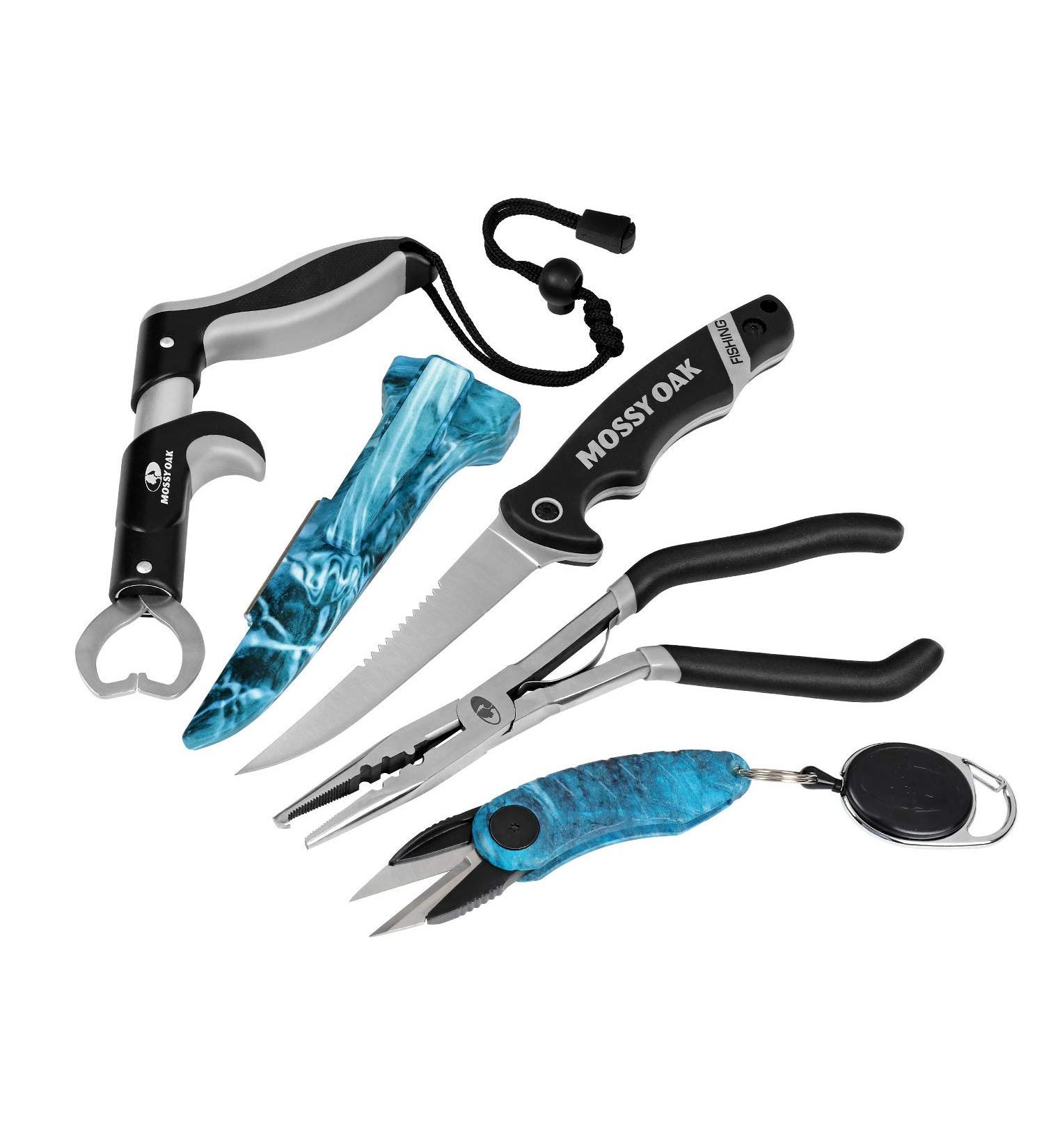 Mossy Oak 4pc Fishing Tool Kit - Pistol Grip Pliers, Fillet Knife, Gripper, Line Snip, Retractor w/ Lanyard - Buy Online on GoSupps.com