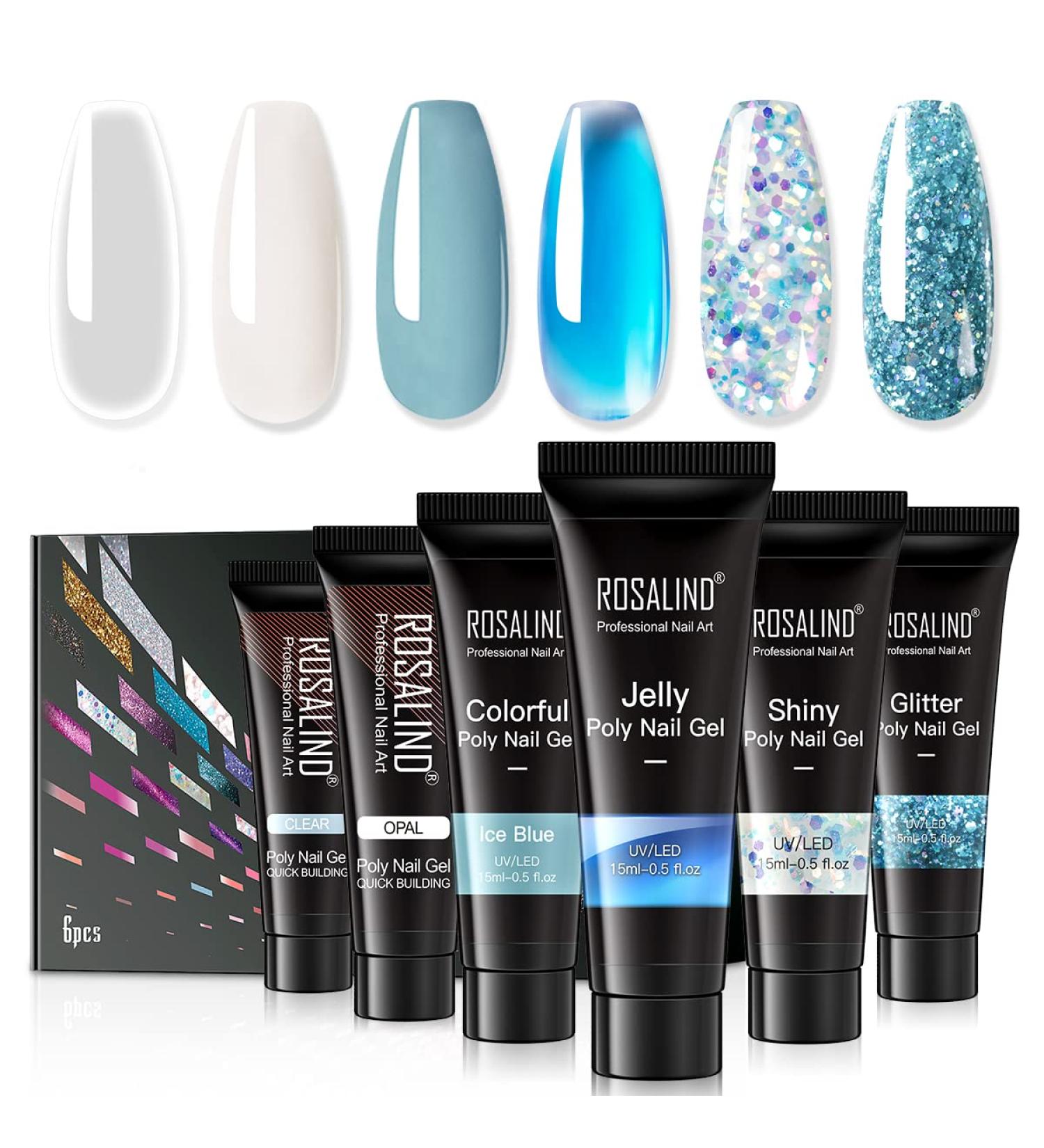 ROSALIND Blue Poly Nail Gel Set - 6 PCS Nail Extensions Gel, Clear Glitter Jelly Poly Nails, White Blue Sparkle Art - 15ML - Buy Online on GoSupps.com