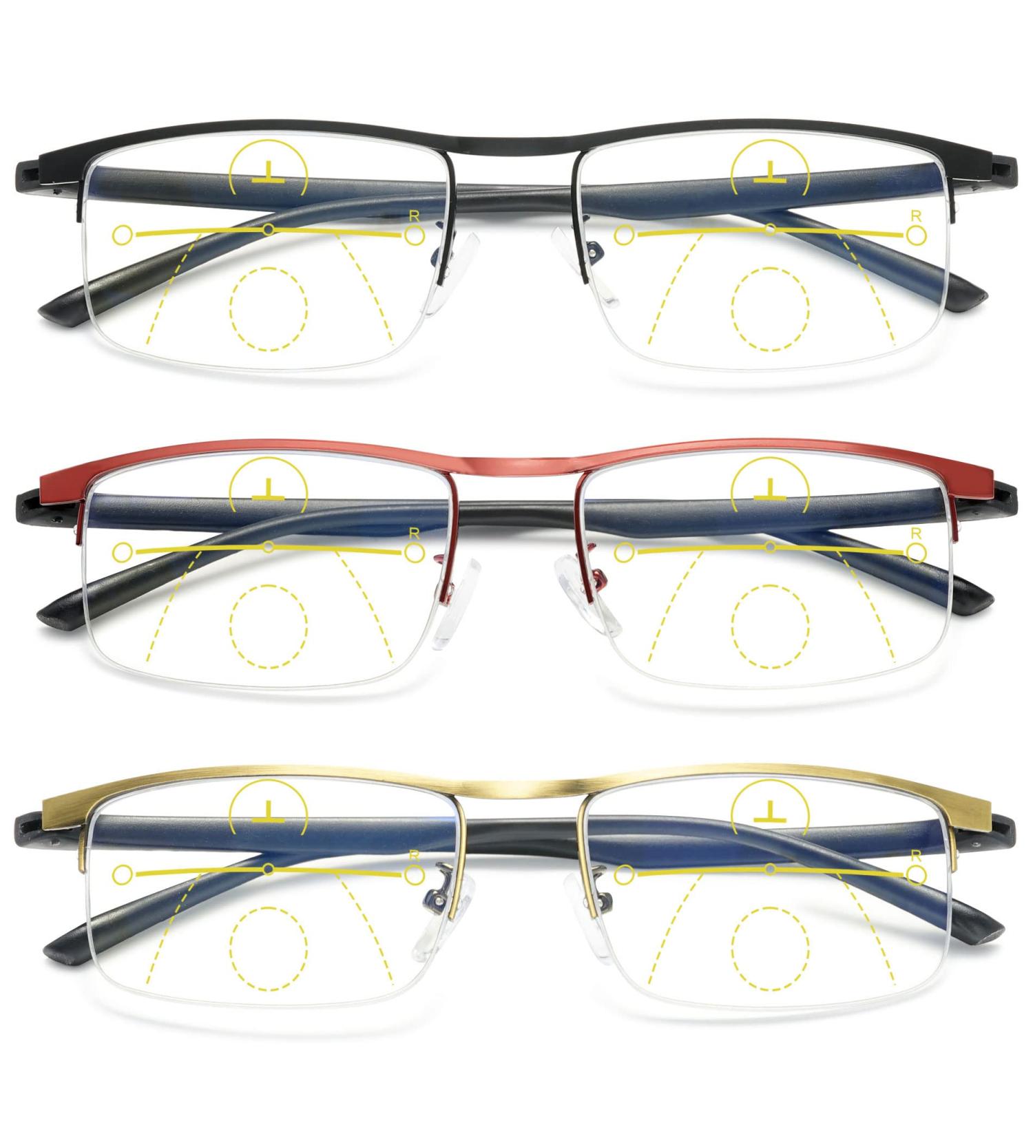 Vevesmundo Multifocus Reading Glasses Set - Blue Light Filter Metal Half Reading Aids for Men (Black Red Gold) - 3.0x Magnification - Buy Online on GoSupps.com