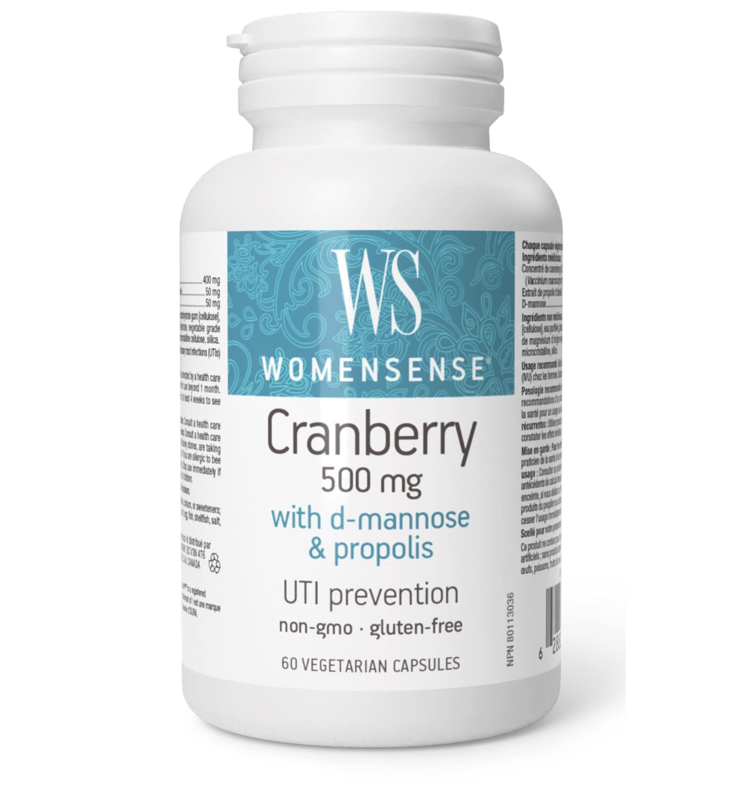WomenSense - Cranberry Extract with D-Mannose and Propolis 500mg 60 Vegetarian Capsules Helps support UTI prevention Equivalent of 14 400mg of fresh cranberry fruit per pill. - Buy Online on GoSupps.com
