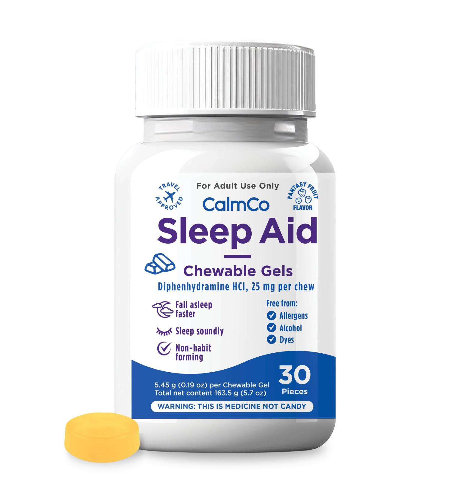CalmCo Adult Sleep Aid Non-Habit Forming Sleep Support with Diphenhydramine HCl 25 mg Nighttime Sleep Aid Chewable Gels Promotes Better Sleep and Helps You Fall Asleep Faster 30 Count - Buy Online on GoSupps.com