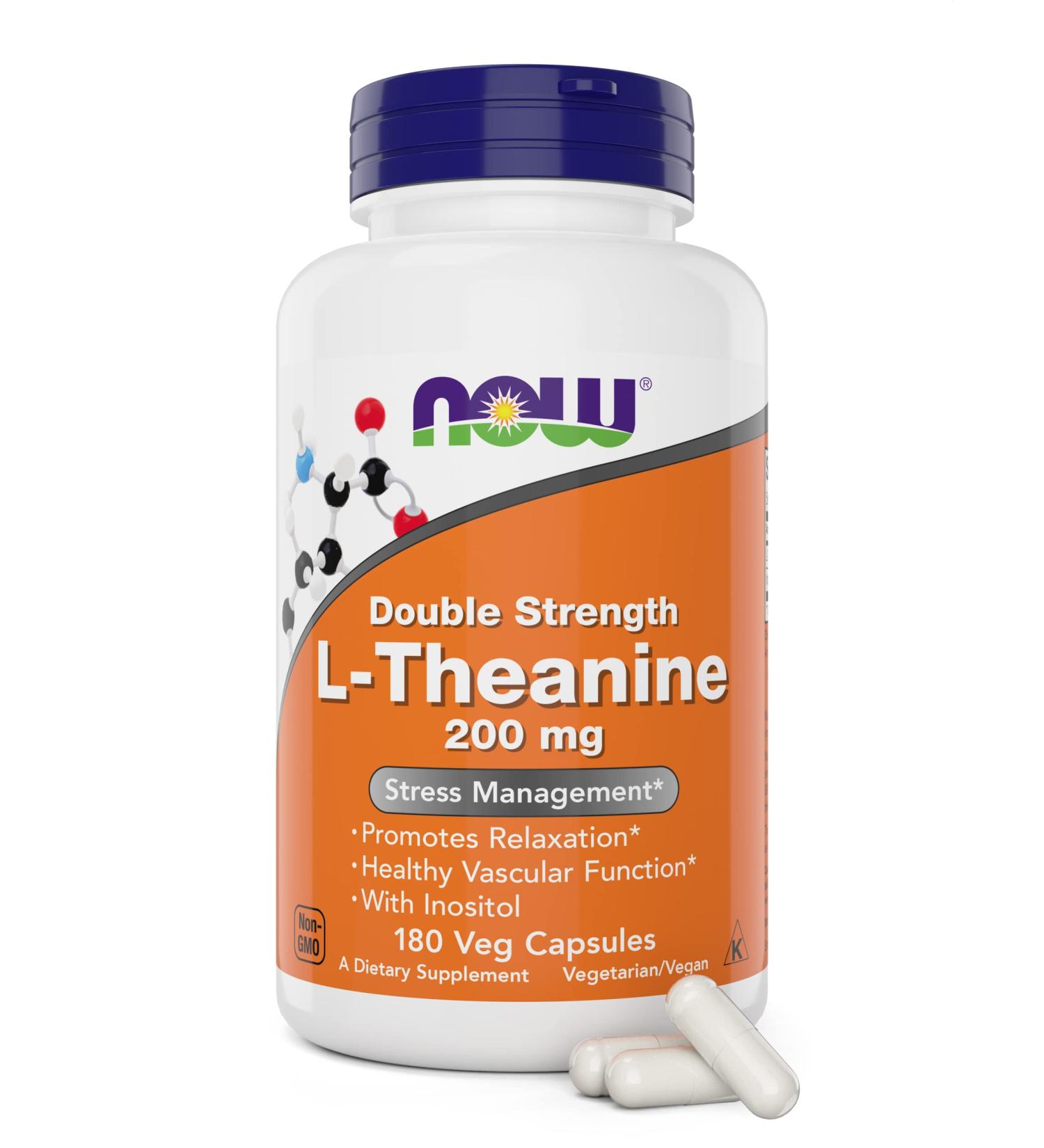 NOW Foods L-Theanine Double Strength 200 mg Per Cap - 180 Veg Capsules - Enhanced with 100mg Inositol - Vegetarian Non-GMO - Ltheanine 200mg Supplement - Buy Online on GoSupps.com