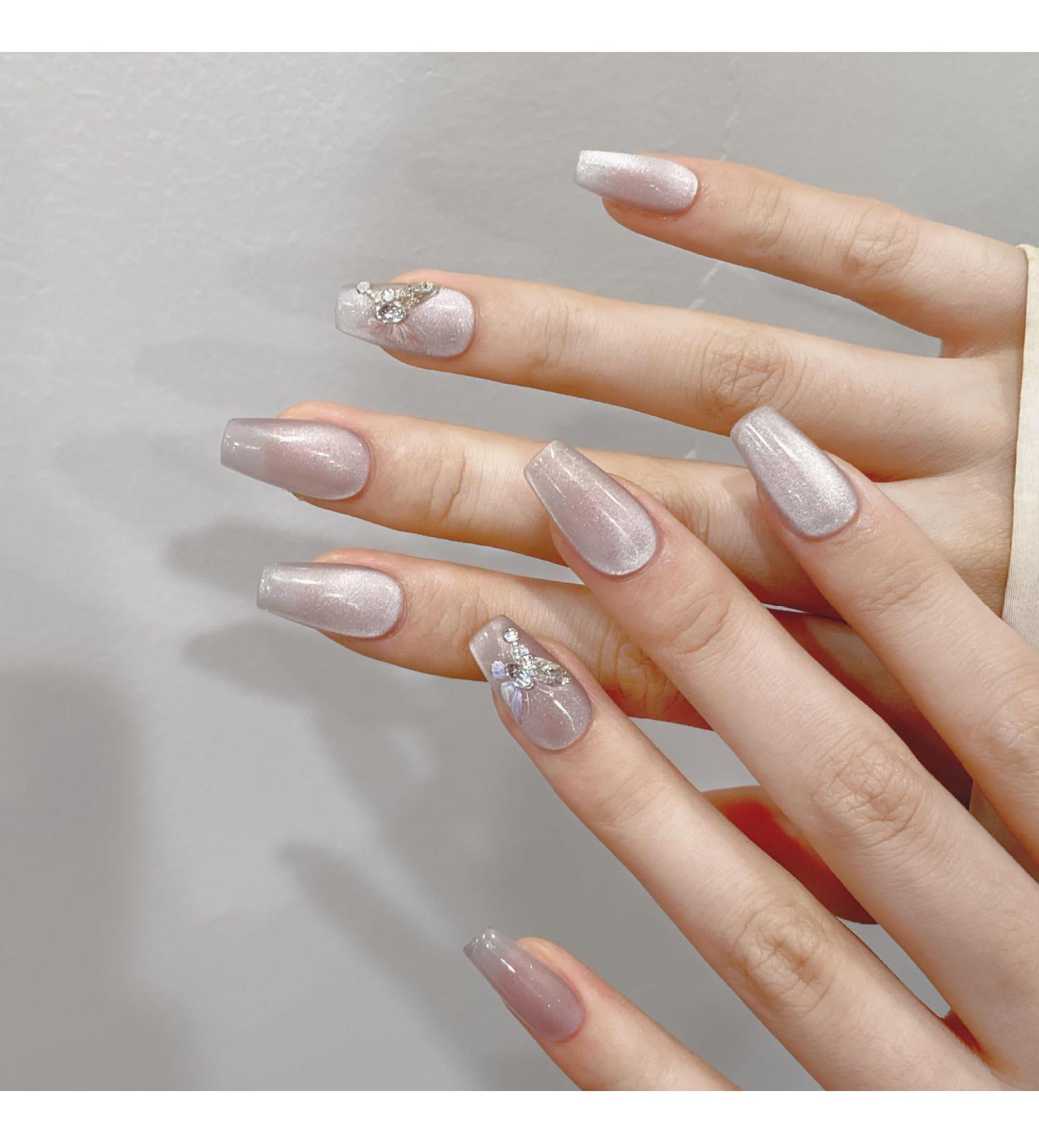 Nude cat eye hand-made nails long nails hand-made press-on nails gentle removable nail stickers(Purple Short ladder M)