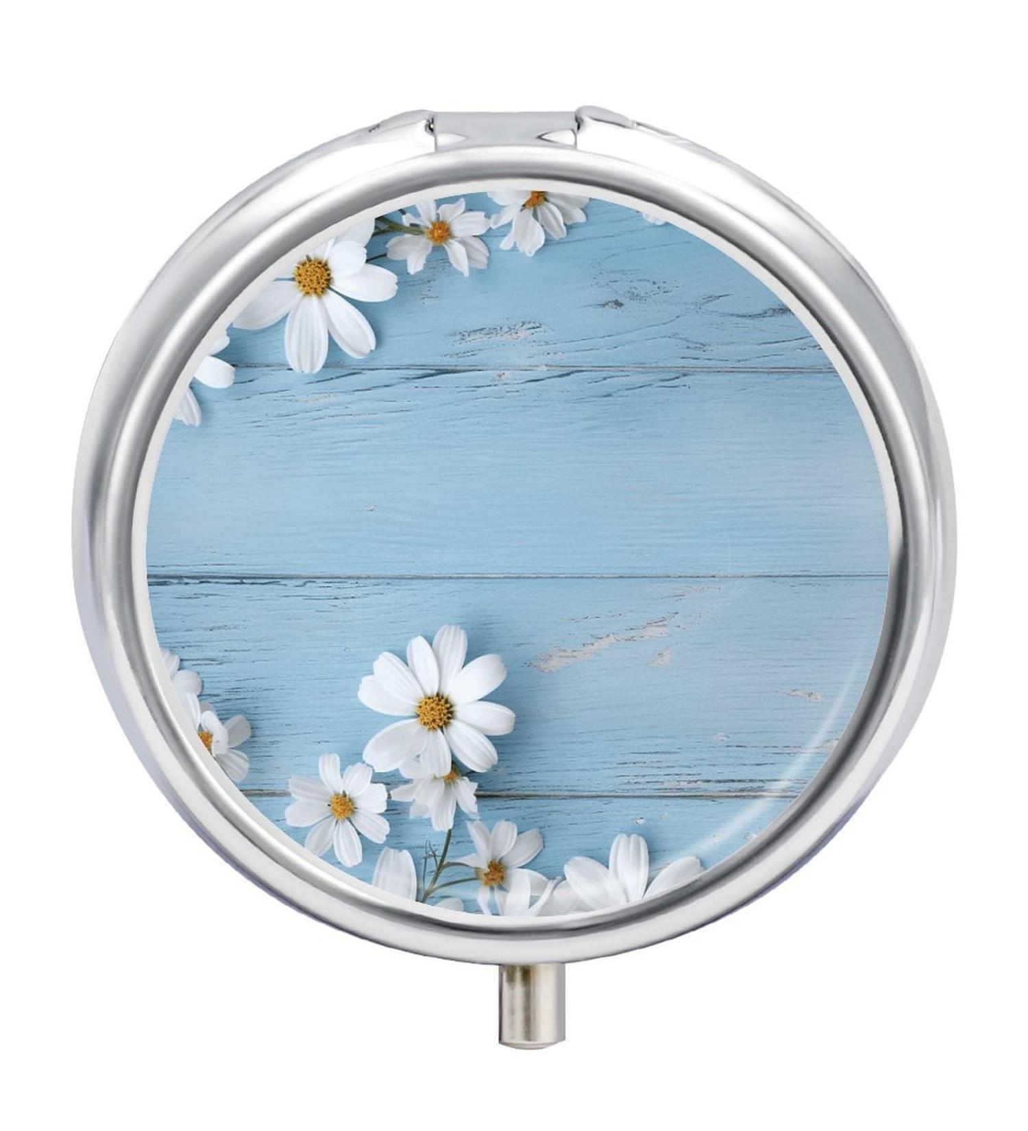 Round Pill Box with White Flowers & Light Blue Wood Print - 3 Compartment Portable Pill Organizer - Decorative Metal Pocket Pill Case - Style 42 - Buy Online on GoSupps.com