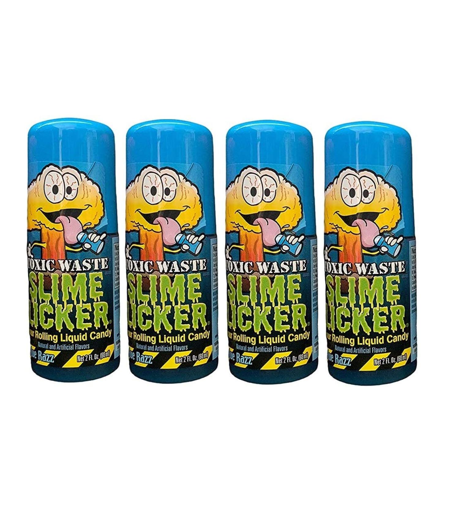 Slime Licker - Sour Rolling Liquid Candy - 4-Pack of Blue Razz Flavor - 2 ounces each Bottle - Toxic Waste - TikTok Challenge Trend Blue-Raspberry 2 Fl Oz (Pack of 4)