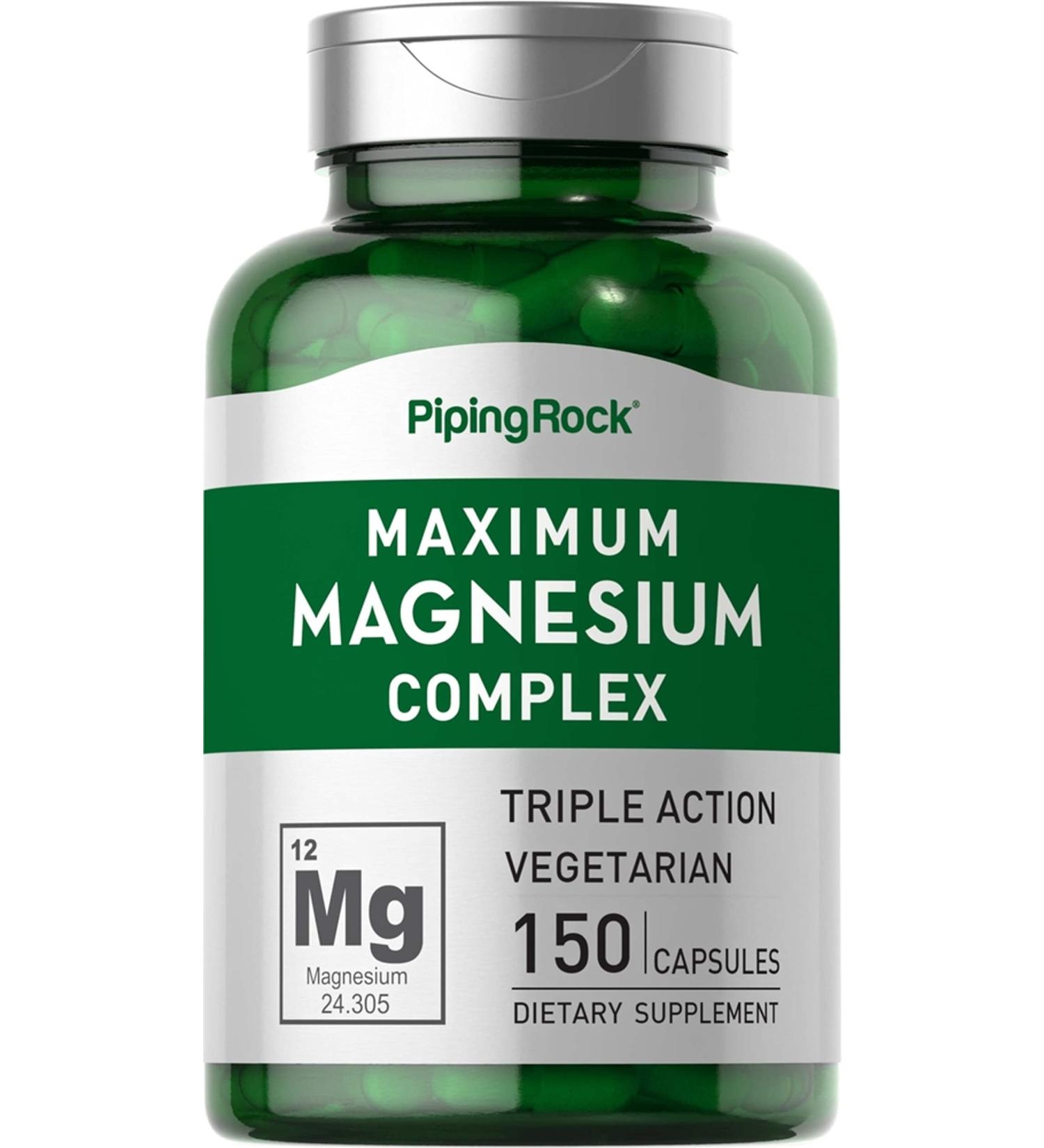 Magnesium Complex | 150 Capsules | Triple Action Supplement | Malate Amino Acid Chelate Citrate | Maximum | Vegetarian Non-GMO Gluten Free | by Piping Rock
