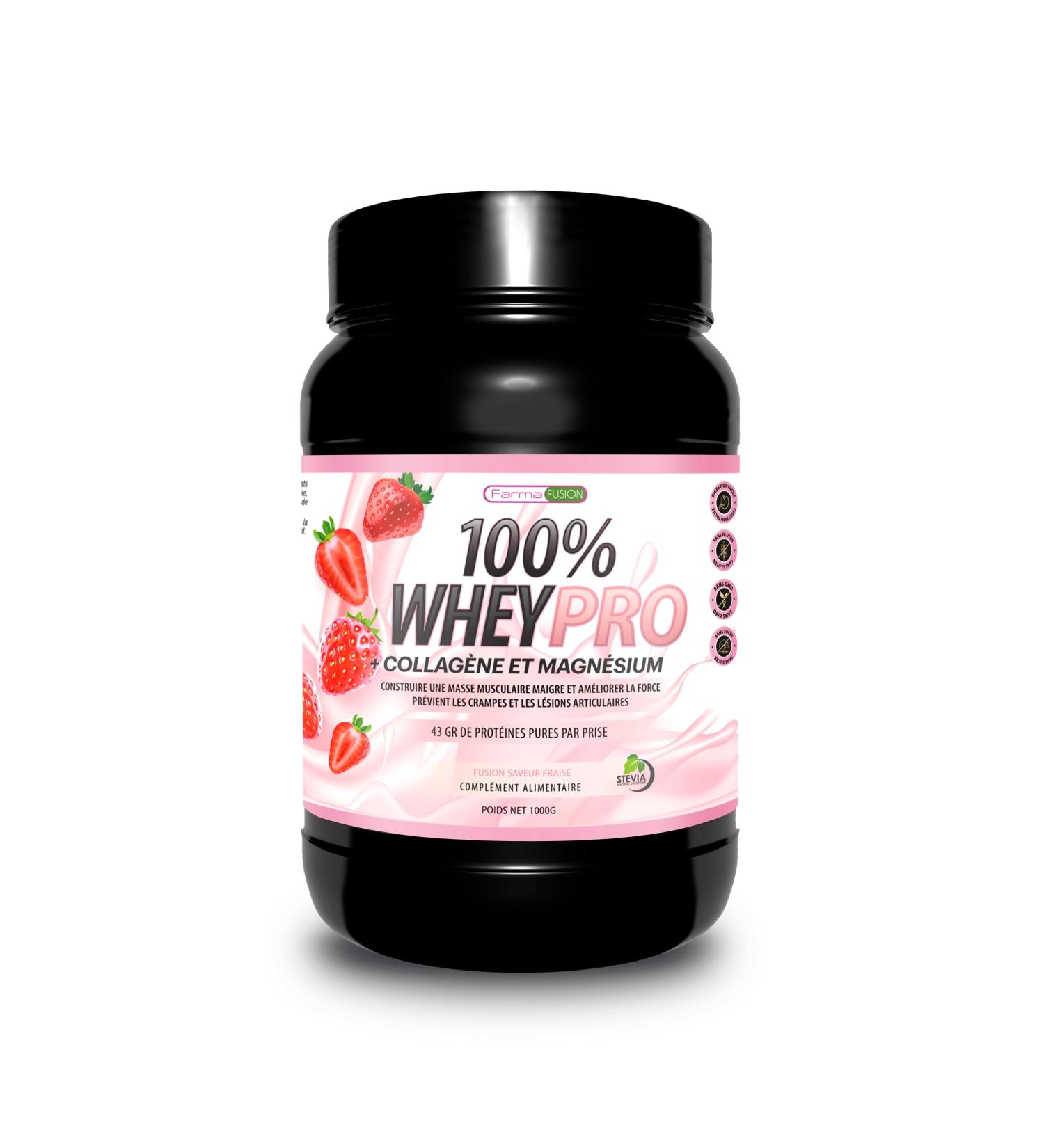 Farmafusion 100% Whey Protein avec Collag ne et Magn sium | 43 g de prot ines pures par portion | 0% Sucres | Ar me Fraise 1000 g - Buy Online on GoSupps.com