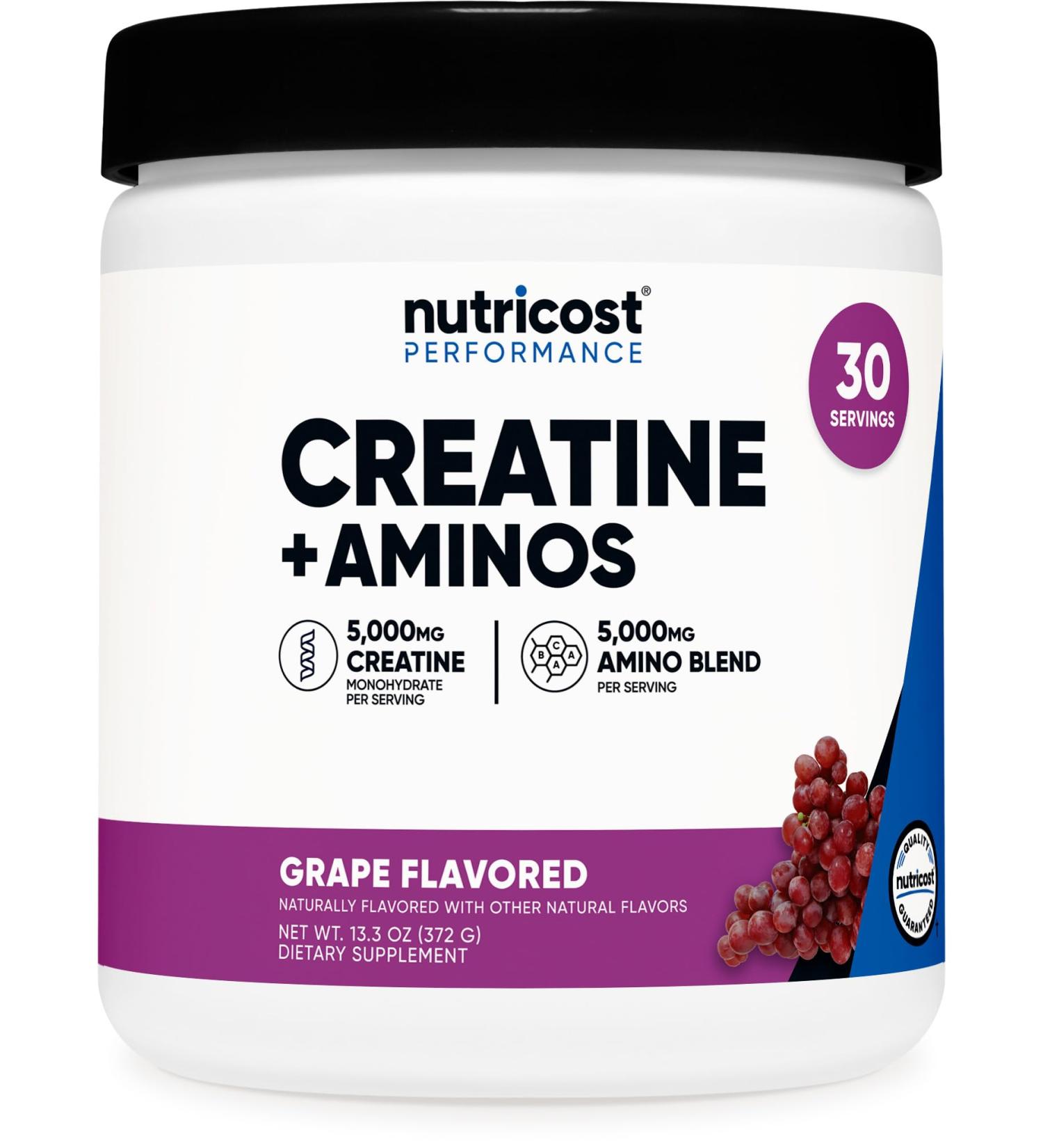 Nutricost Creatine + Aminos 30 Servings (Grape Flavored) - 5 000mg Creatine Monohydrate + 5000mg Amino BCAA Blend Per Serving - Buy Online on GoSupps.com