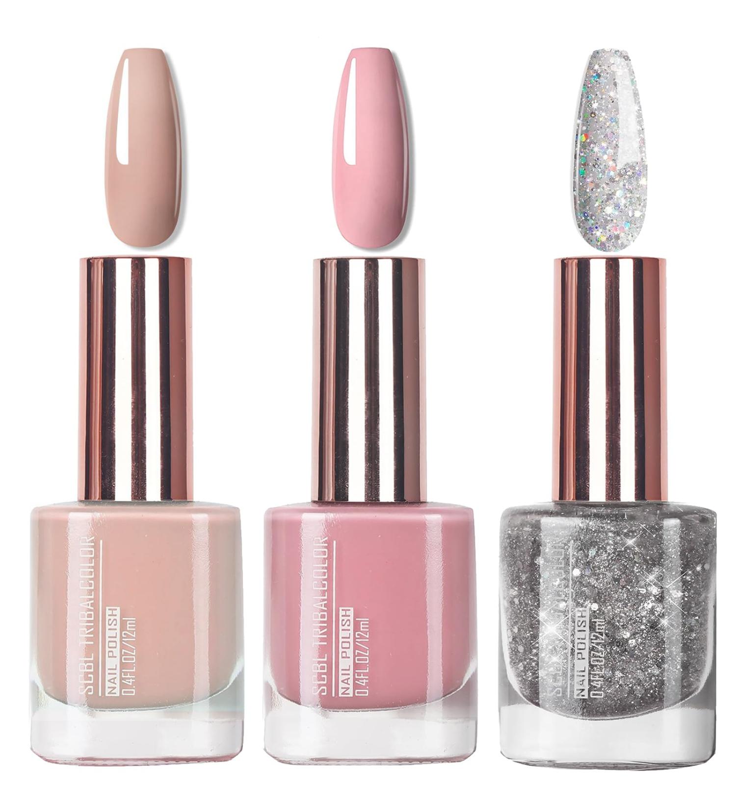Nail Polish Set - Glitter Nude Nail Varnish Set - 3Pcs Glitter Nude Pink Nial Polish Natural Look - Quick Dry Nail Varnish Gift Set DIY Manicure Home (Glitter Nude) - Buy Online on GoSupps.com