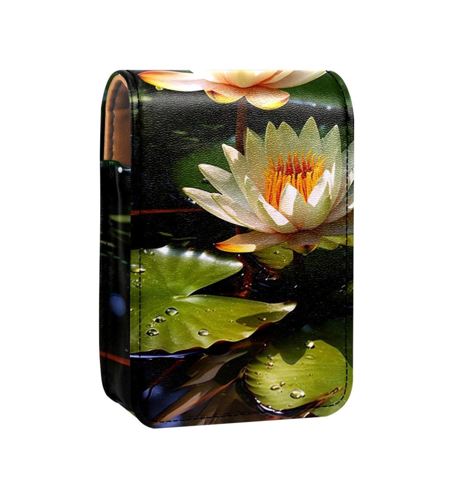 Leather Lipstick Case Organizer with Mirror - Mini Flower Water Lily Lip Gloss Holder - Buy Online on GoSupps.com