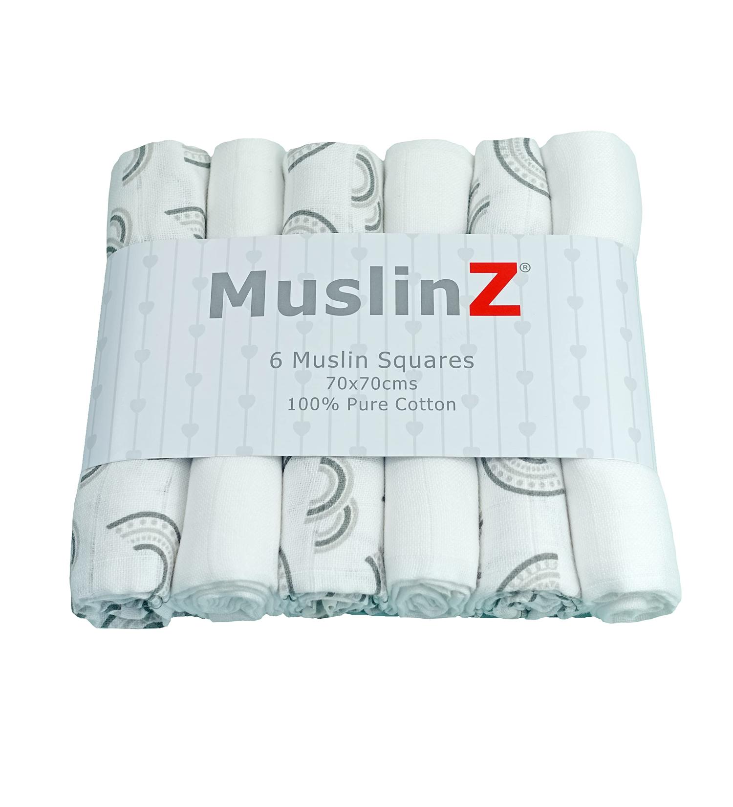 MuslinZ 6pk Baby Muslin Squares - Baby Burp Cloth - Newborn Essential mulit-use - Soft and Absorbent 100% Cotton 70x70cm (Grey Rainbow)