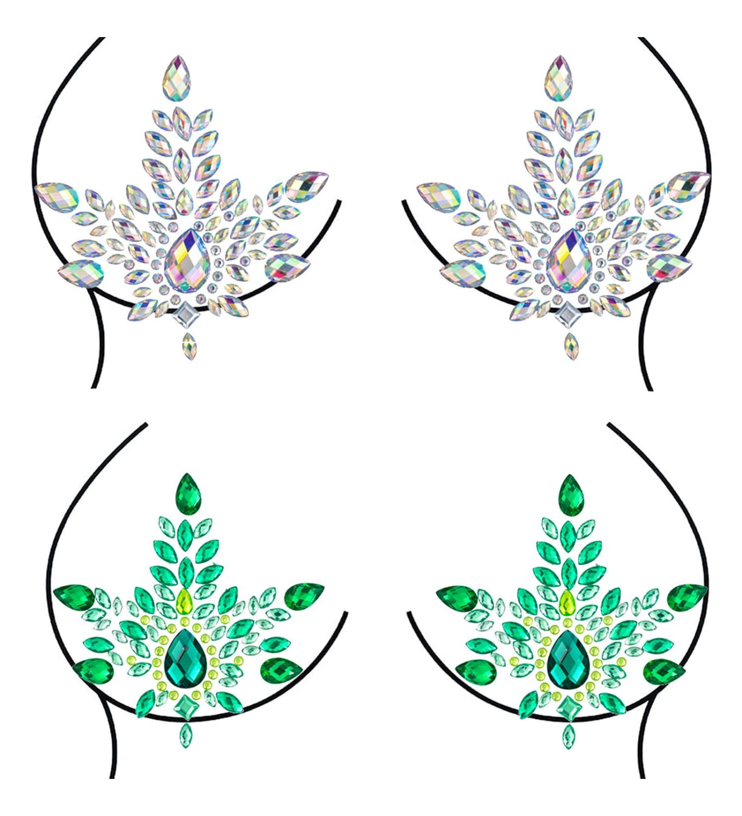 Green and White Self Adhesive Breast Gems - 2 Set Festival Jewels for Women - Buy Online on GoSupps.com