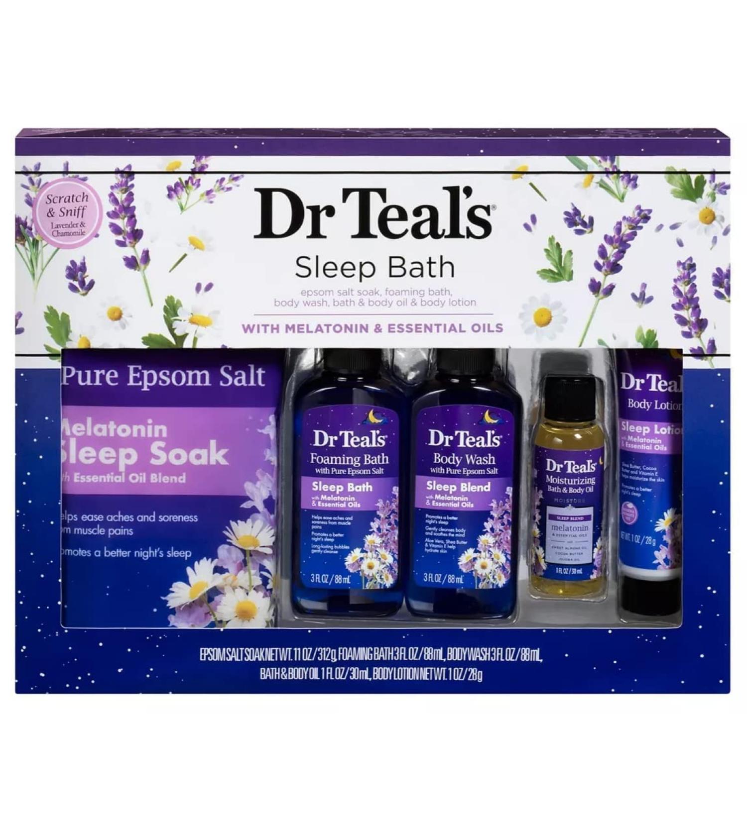 Dr. Teal's Melatonin 5-Piece Bath Gift Set - Better Sleep with 11oz Sleep Soak, 3oz Bath, Body Wash, Oil & Lotion - Mother's Day Spa Kit - Buy Online on GoSupps.com