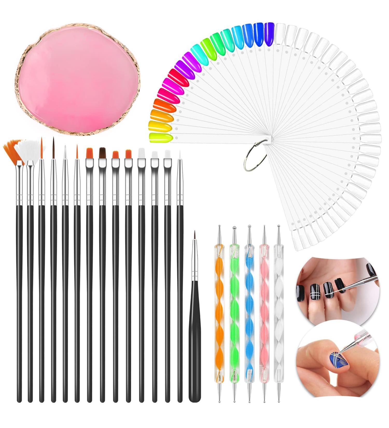 Pinkiou Nail Art Set: 15 Acrylic Brushes, 5 Dotting Pens, 50 Tips Sticks, Resin Palette - Pink | Nail Art Decoration Kit - Buy Online on GoSupps.com