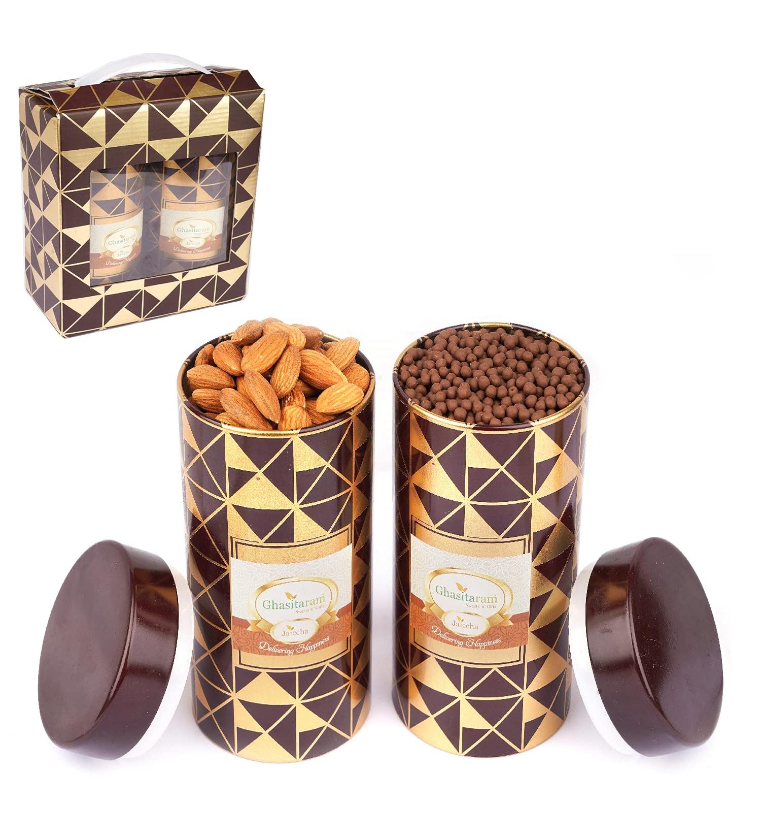 Jaiccha Ghasitaram Dryfruits Hamper-Box 2 Tin Jars of Almonds and Choco Coated Rice Crispies |Gift for Diwali Holi Rakhi Valentine Christmas Birthday Anniversary Her Him| - Buy Online on GoSupps.com