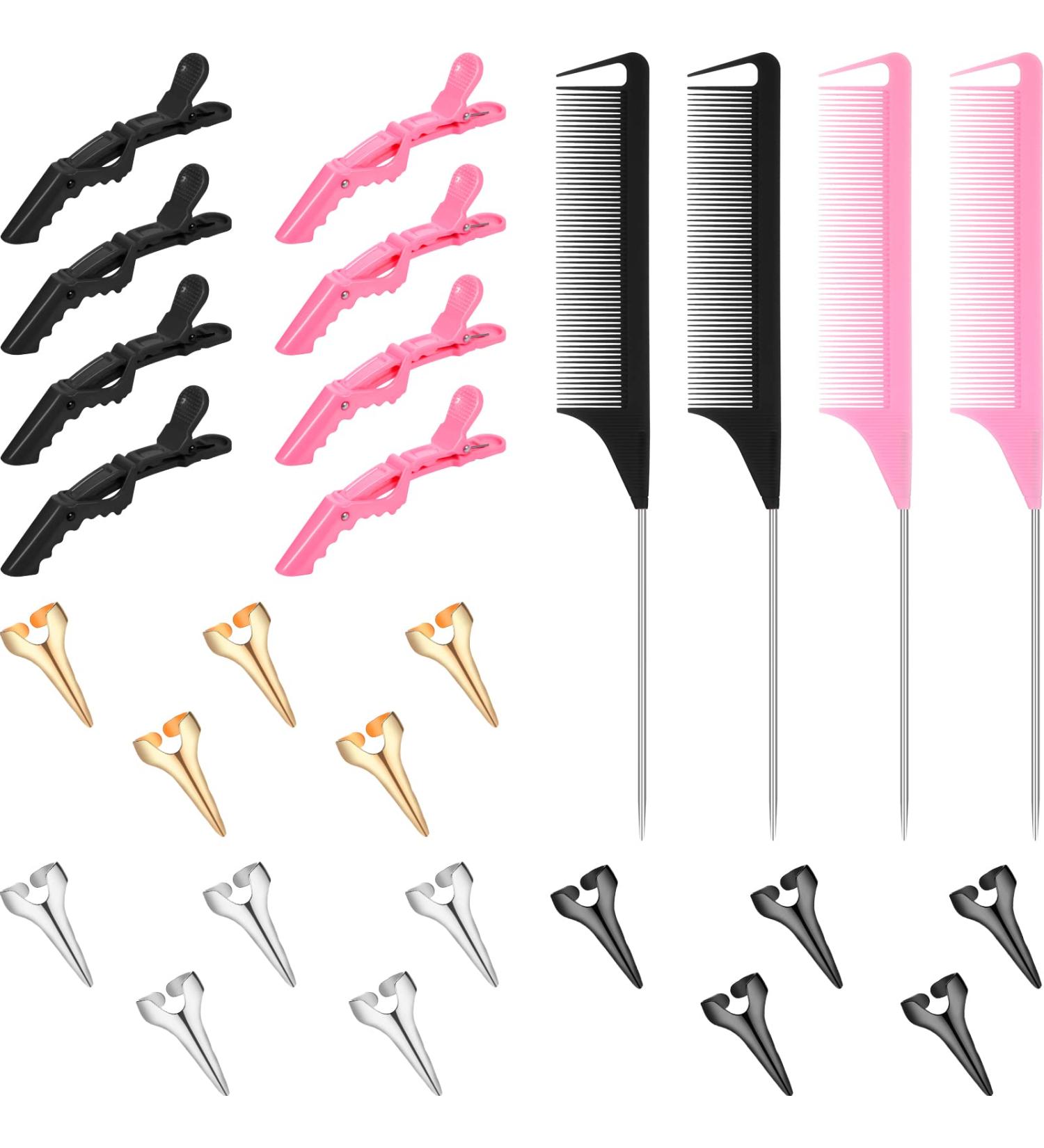 27 Pieces Hair Braiding Set - Parting Ring, Pintail Comb, Wide Teeth Clip (Pink/Black) - Buy Online on GoSupps.com