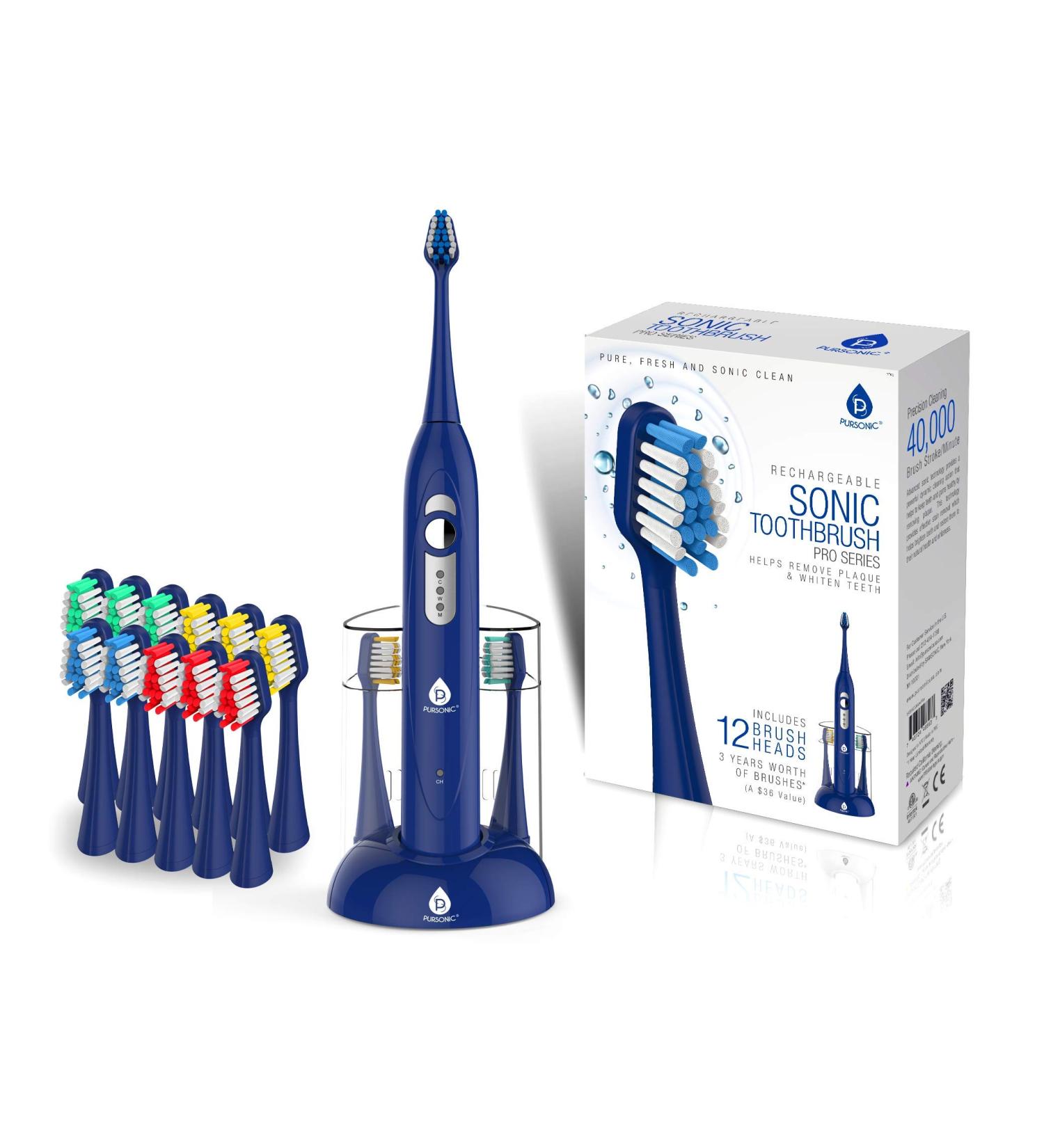Pursonic S430 Rechargeable Electric Sonic Toothbrush with 12 Brush Heads & Storage Charger - Blue - Buy Online on GoSupps.com