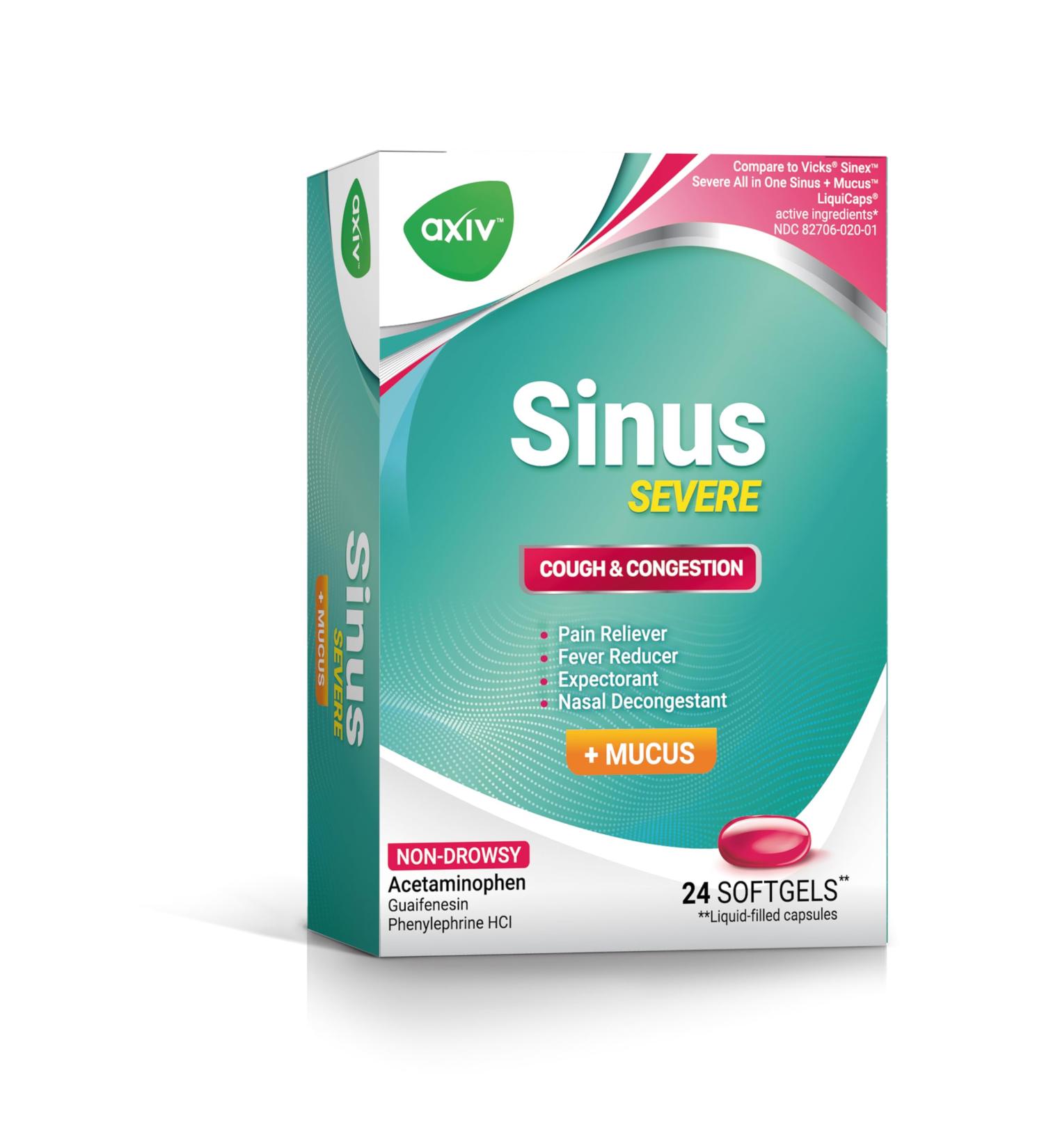AXIV Sinus Severe + Mucus Relief - Non-Drowsy Maximum Strength Softgels for Pain Pressure & Congestion - 24 Count - Buy Online on GoSupps.com