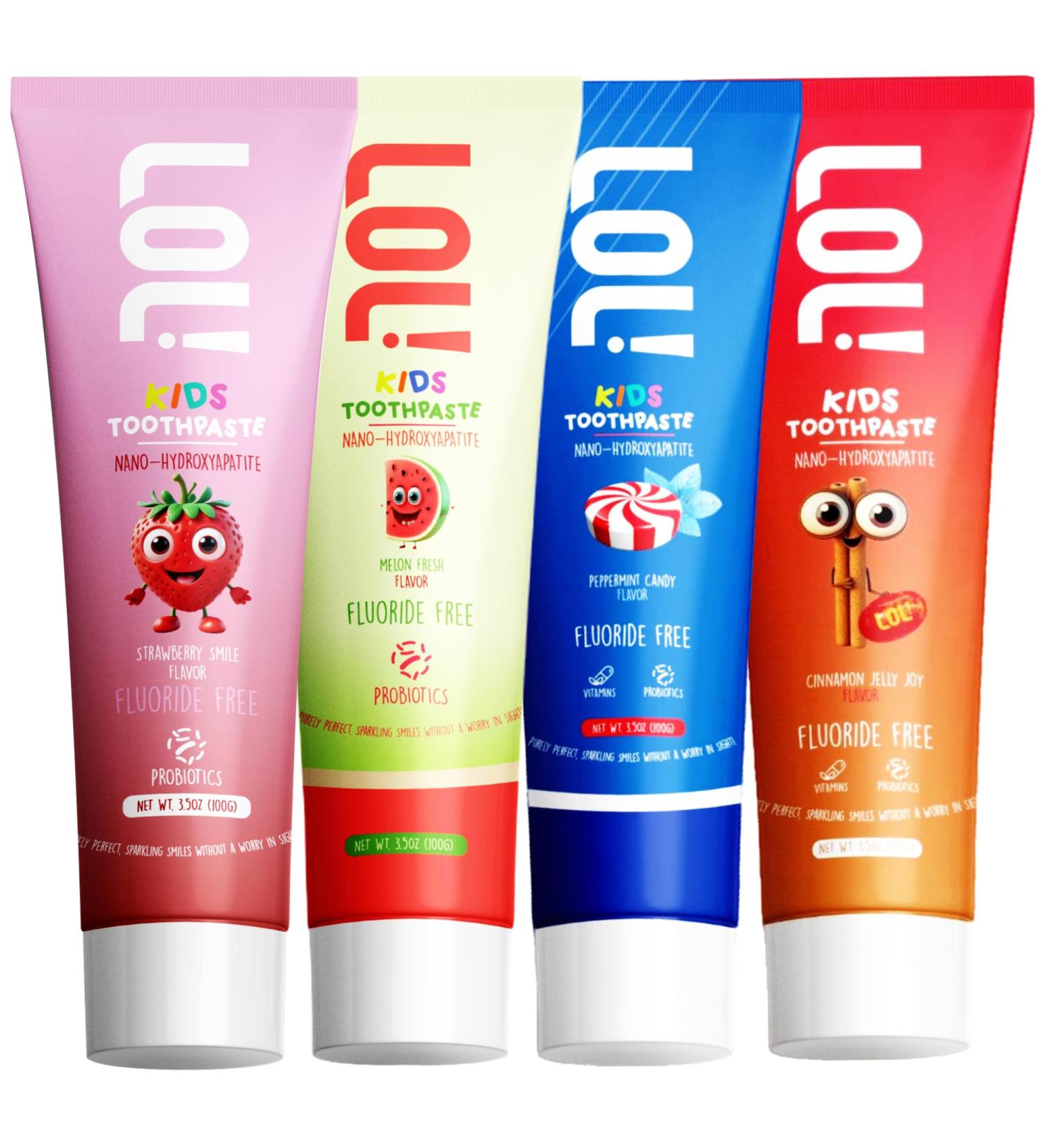 LOL Kids Toothpaste | Fluoride Free 4-Flavors Pack | Nano Hydroxyapatite Toothpaste Probiotics Vitamins A C E | Safe if Swallowed No SLS | 1 Strawberry 1 Melon Flavor 1 Peppermint 1 Cinnamon - Buy Online on GoSupps.com