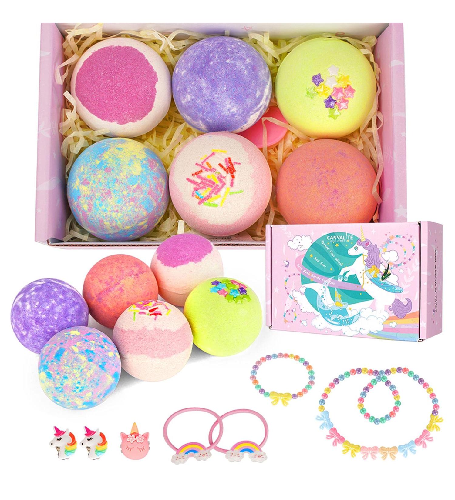 Canvalite 6-Piece Handmade Bathing Balls Gift Set for Kids - Unicorn Bubble Bath Bombs & Jewelry for Girls - Buy Online on GoSupps.com