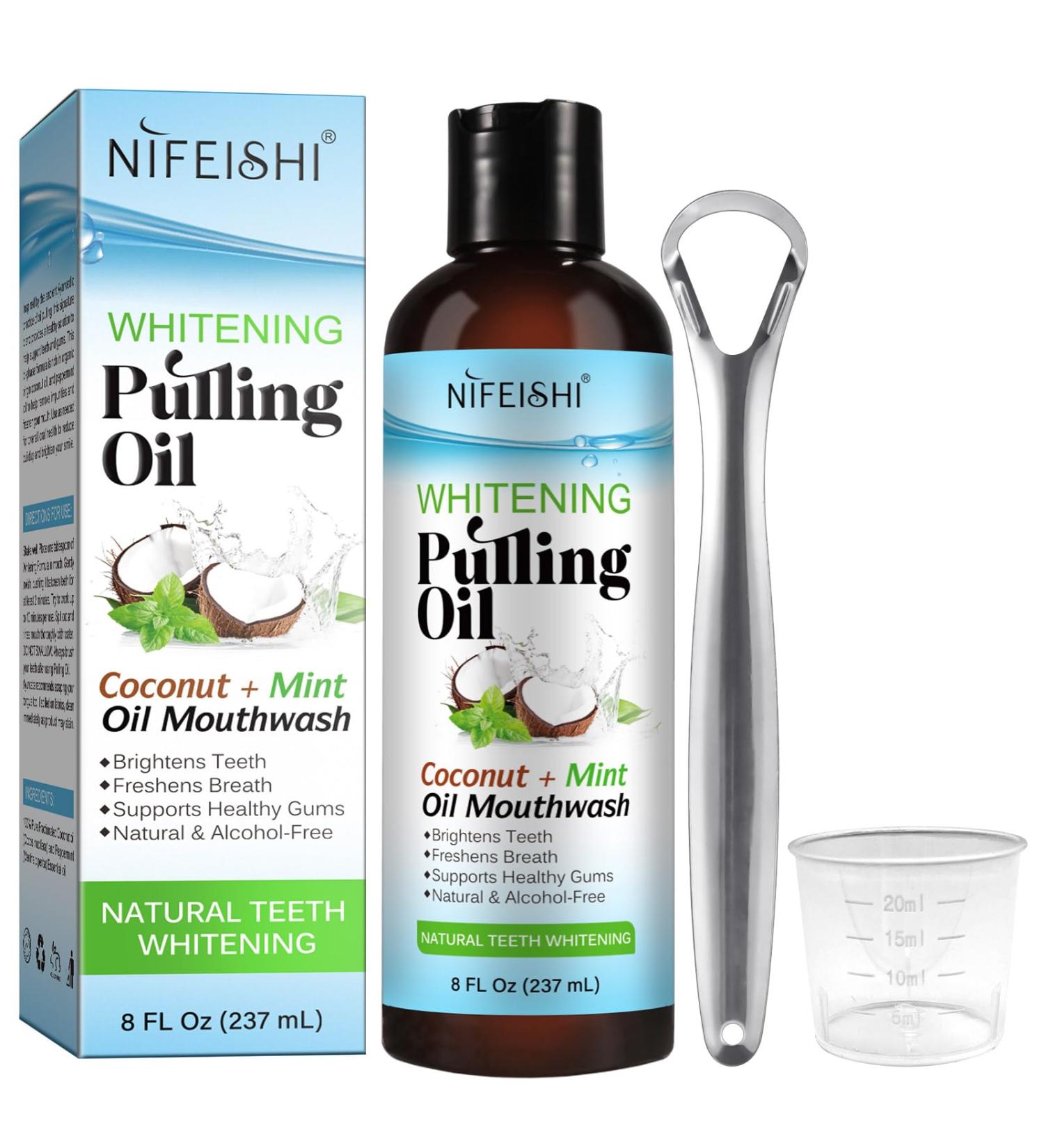 Coconut Pulling Oil 8 Fl Oz | Mint Oil Pulling Mouthwash & Tongue Scraper | Natural Teeth Whitening Fresh Breath & Gum Health - Buy Online on GoSupps.com