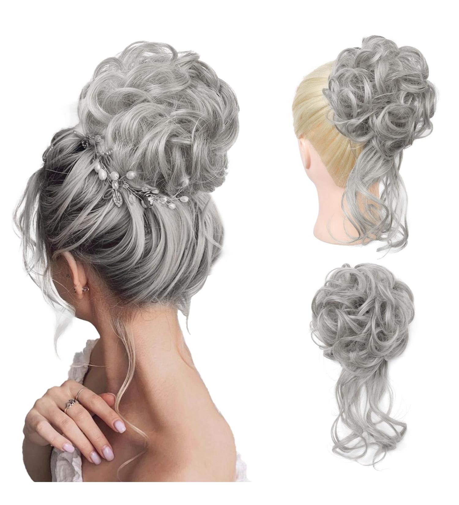 REECHO Silver Grey Messy Bun Updo Hair Piece for Women - Synthetic Tousled Bun Donut Accessory Scrunchie - Buy Online on GoSupps.com