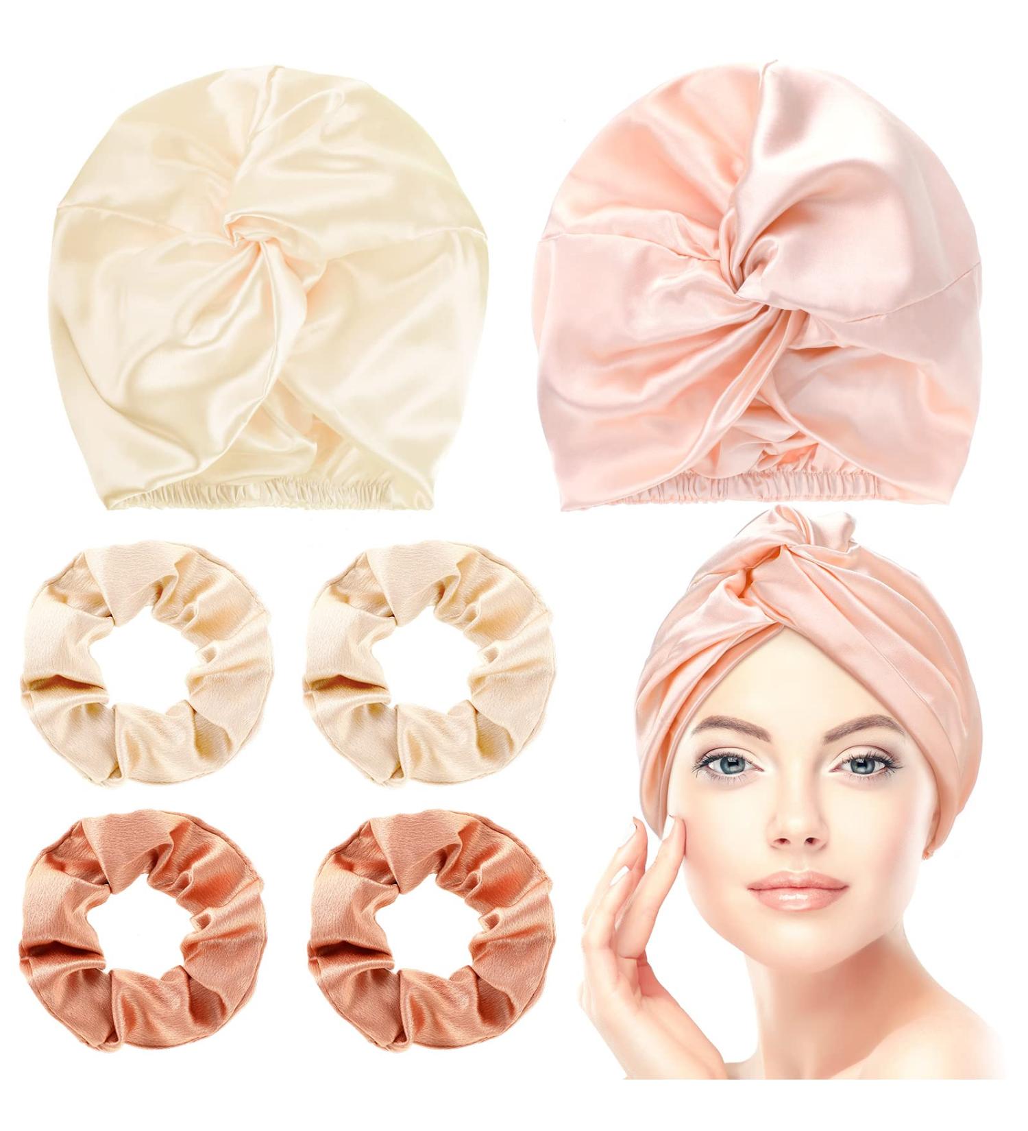 6-Piece Silk Bonnet & Scrunchies Set for Women - Beige/Pink/Rose Gold | Silk Hair Wrap & Scrunchies for Sleeping - Hair Care Accessories - Buy Online on GoSupps.com