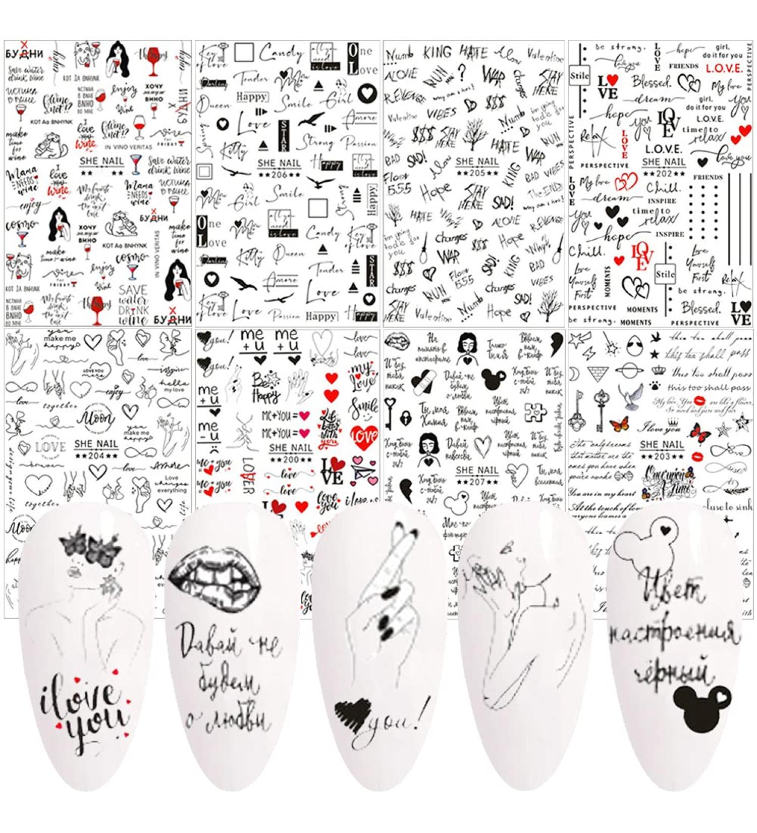 Letter Nail Art Stickers - 3D Self-Adhesive Alphabet Decals for Designer Manicure Tips - 8 Sheets English Letters & Words Design - Nail Decoration for Women & Girls - Buy Online on GoSupps.com