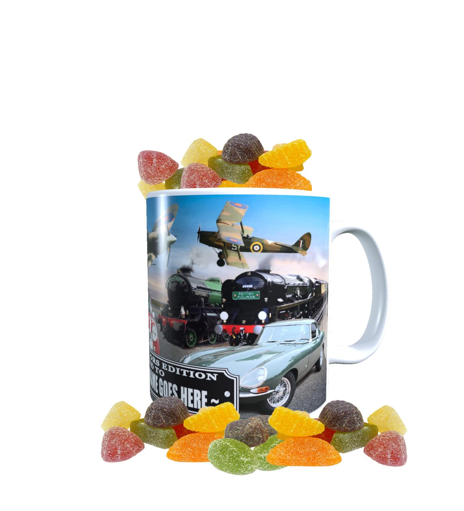 Planes Trains and Automobiles Classic Car Icons Personalised Mug with Choice of Sweets Gift - Buy Online on GoSupps.com