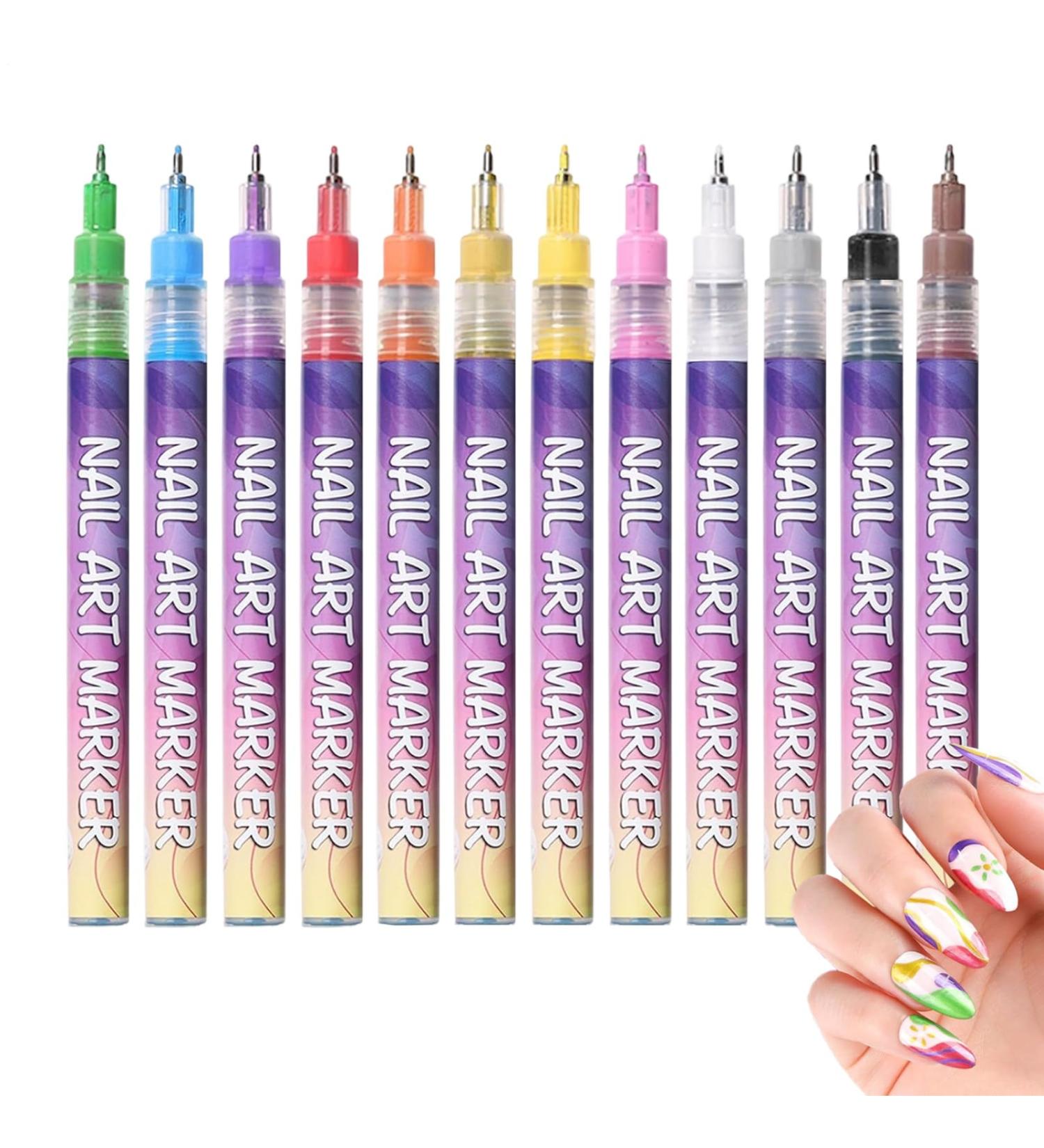 Nail Markers 12 Pieces Fine Tip Nail Liner for Art Painting Paint Marker Kit for Nail Polish for Adults Women Beginners Canvas Craft Sal - Buy Online on GoSupps.com