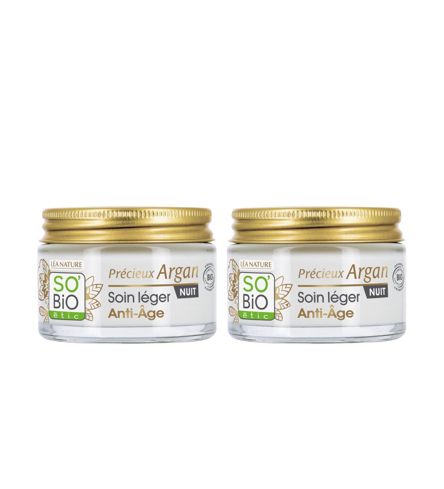 So'Bio tic L A NATURE SO BiO tic | Light Anti-Aging Night Cream Precious Argan | Smoothes & Firms | Organic Argan Oil | Hyaluronic Acid | 99% Natural Origin | Made in France | Pack of 2 x 50 ml