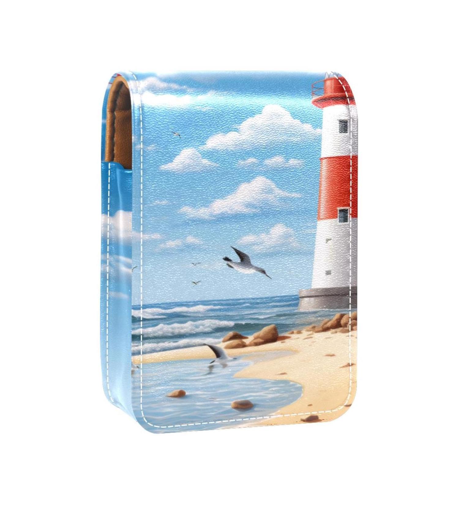 Travel Lipstick Organizer Case - Portable Makeup Bag with Mirror | Beach Lighthouse Seagull Design - Buy Online on GoSupps.com