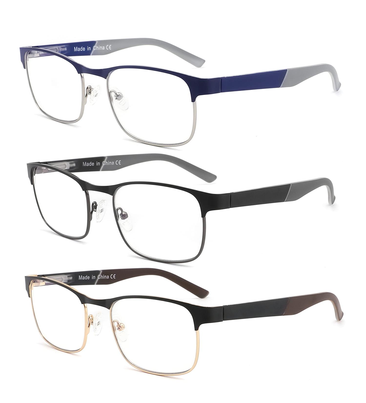 Blue Light Reading Glasses for Men Women - Lightweight Metal Rectangle Full Frame Readers - +2.00 - 3 Pack Mix - Spring Hinge Eyeglasses - Anti Eyestrain, Computer Glare, UV Protection - Buy Online on GoSupps.com