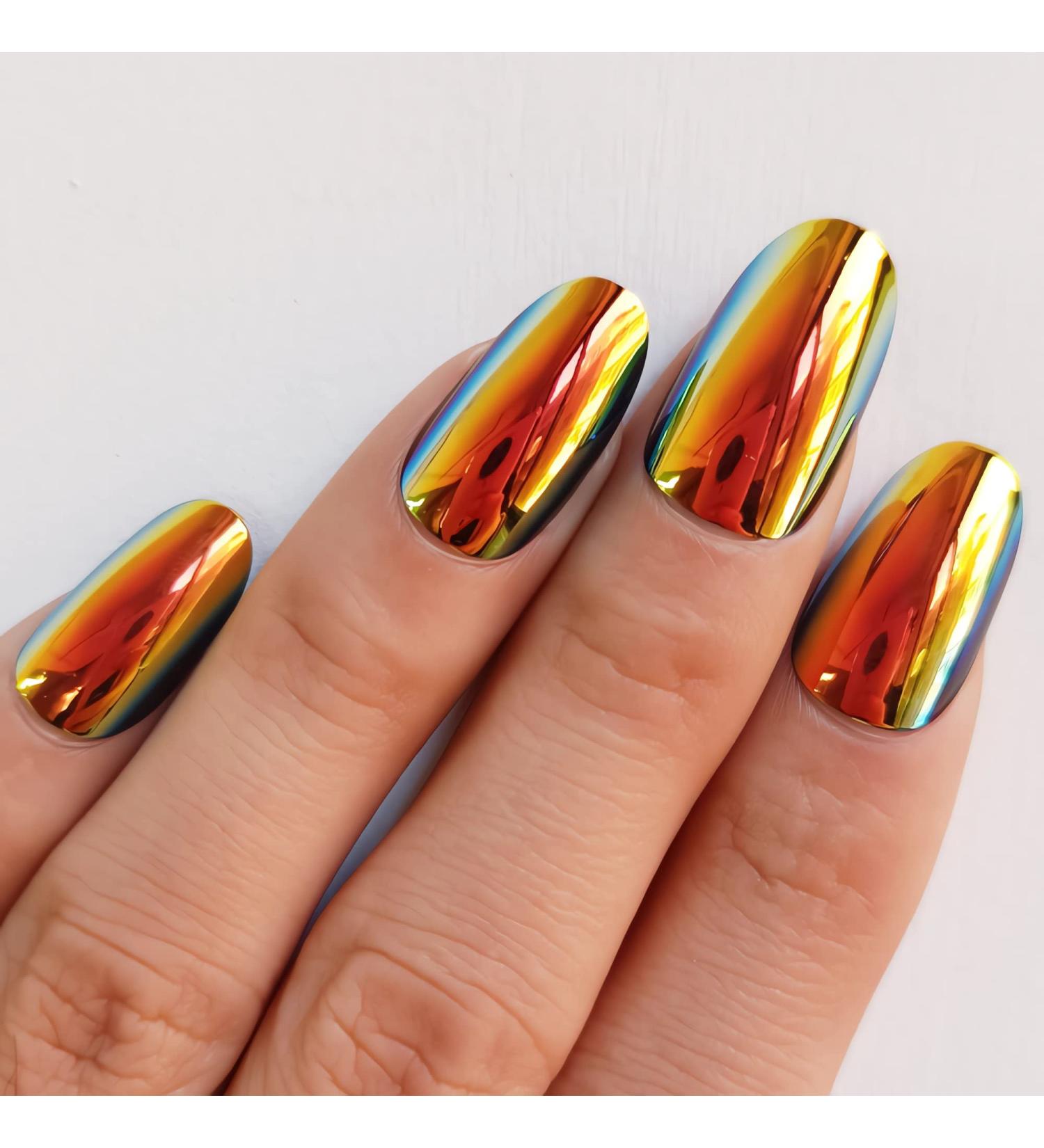 Gold Chrome Round Metallic Press On Nails - 24Pcs Black and Gold Fake Nails for Women by SENA NAIL - Buy Online on GoSupps.com