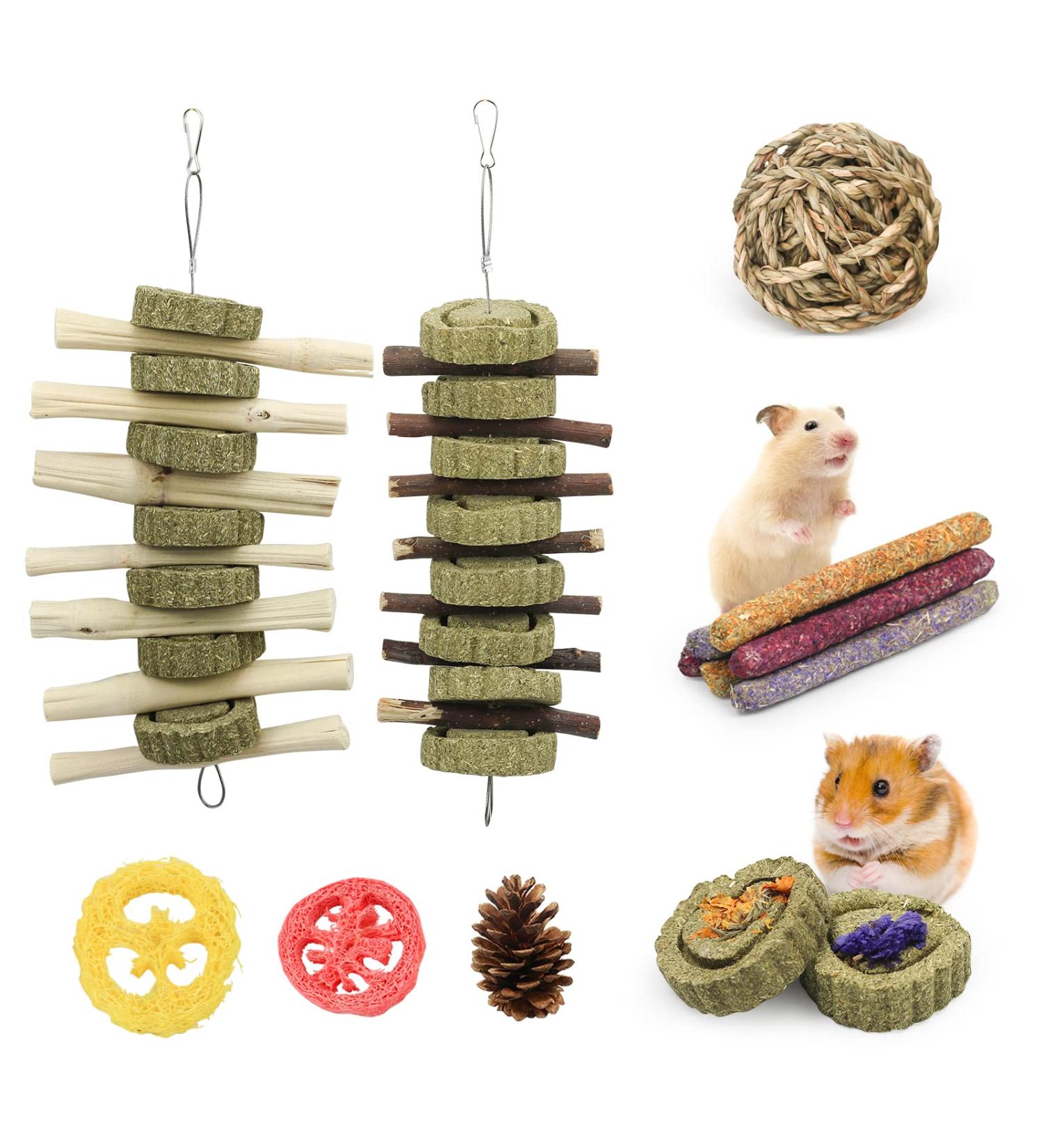 14Pcs Bunny Enrichment Toys Natural Hamster Chew Sticks Molar Guinea Pig Chew Ball Different Flavors Grass Cakes Teeth Grinding Chinchilla Treats for Syrian Hamster Rabbit Gerbil(H02) - Buy Online on GoSupps.com