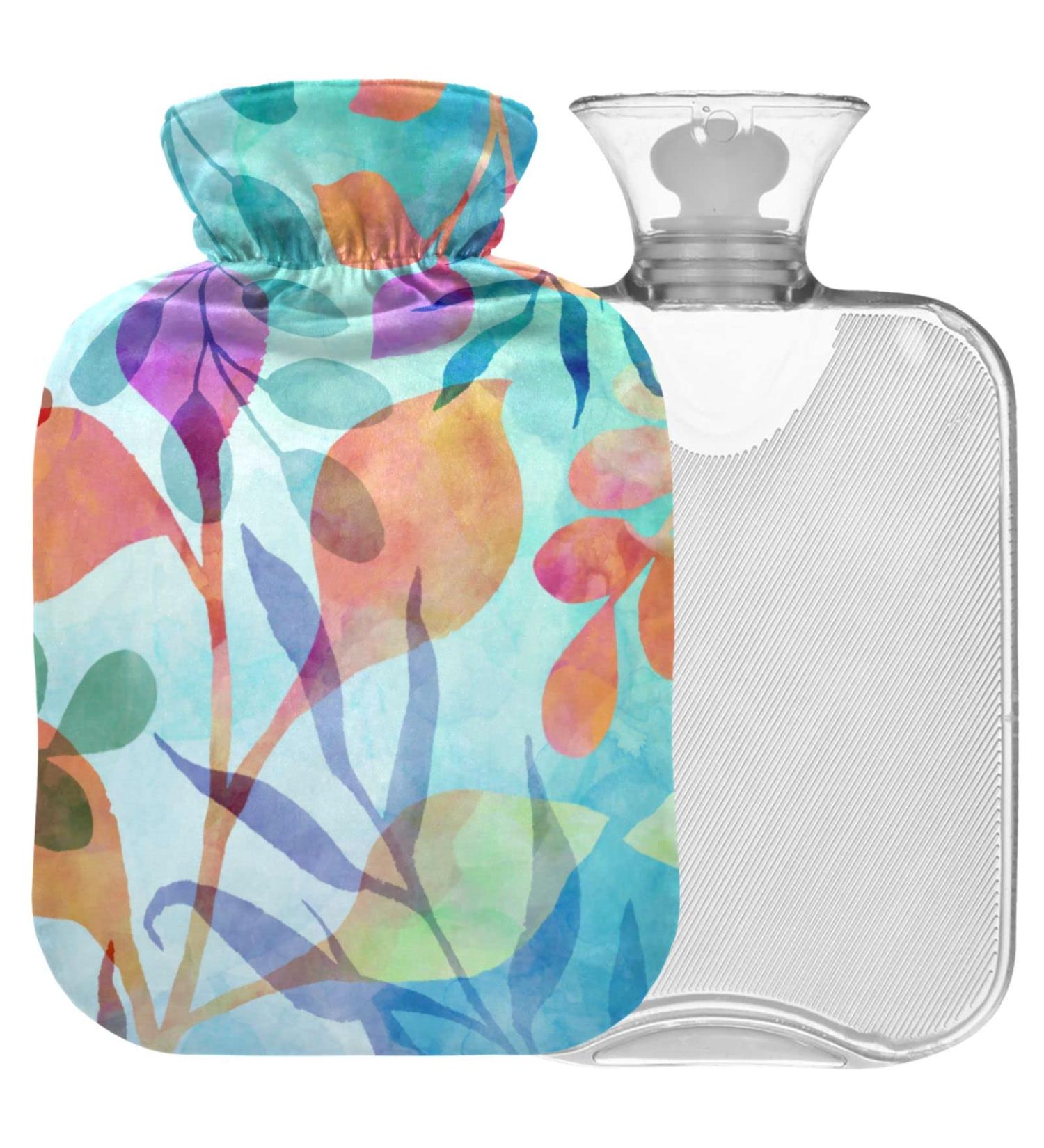 NAANLE 1L Heat Bottle with Cover - Flower Pattern Watercolor Leaves | Hot Water Bottle for Pain Relief Back & Feet | Heat and Cold Therapy - Buy Online on GoSupps.com