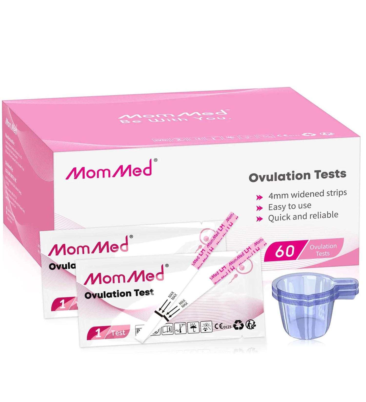 MomMed Ovulation Test Strips - 60 Fast Fertility Test Sticks with Urine Cups | Accurate 25 mIU/ml Ovulation Detection for Women - Buy Online on GoSupps.com