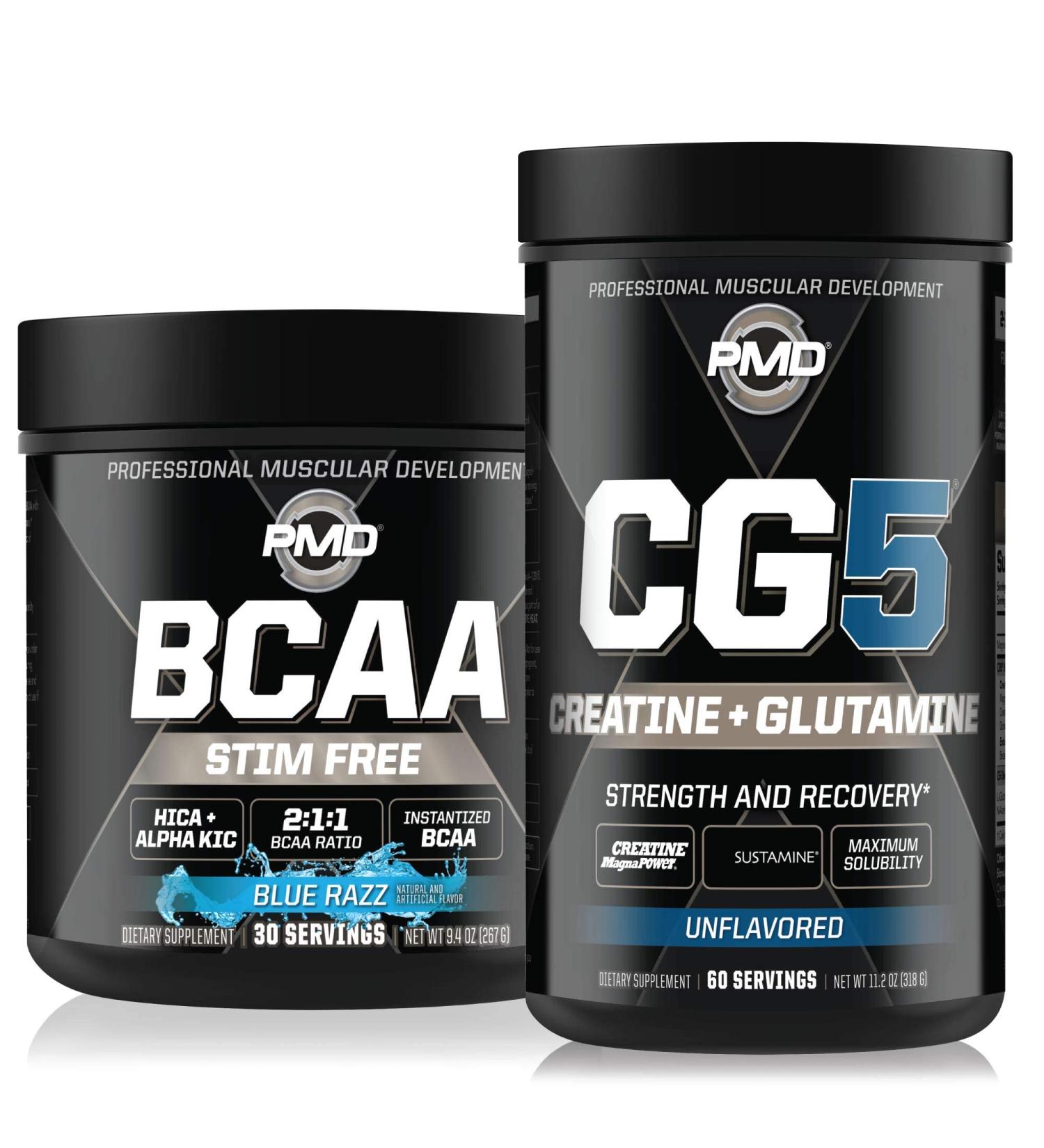 PMD Sports CG5 - Premium Creatine and L-Glutamine Powder (60 Servings) & PMD Sports BCAA Stim Free Amino Acids for Enhanced Recovery Blue Razz (30 Servings) - Buy Online on GoSupps.com