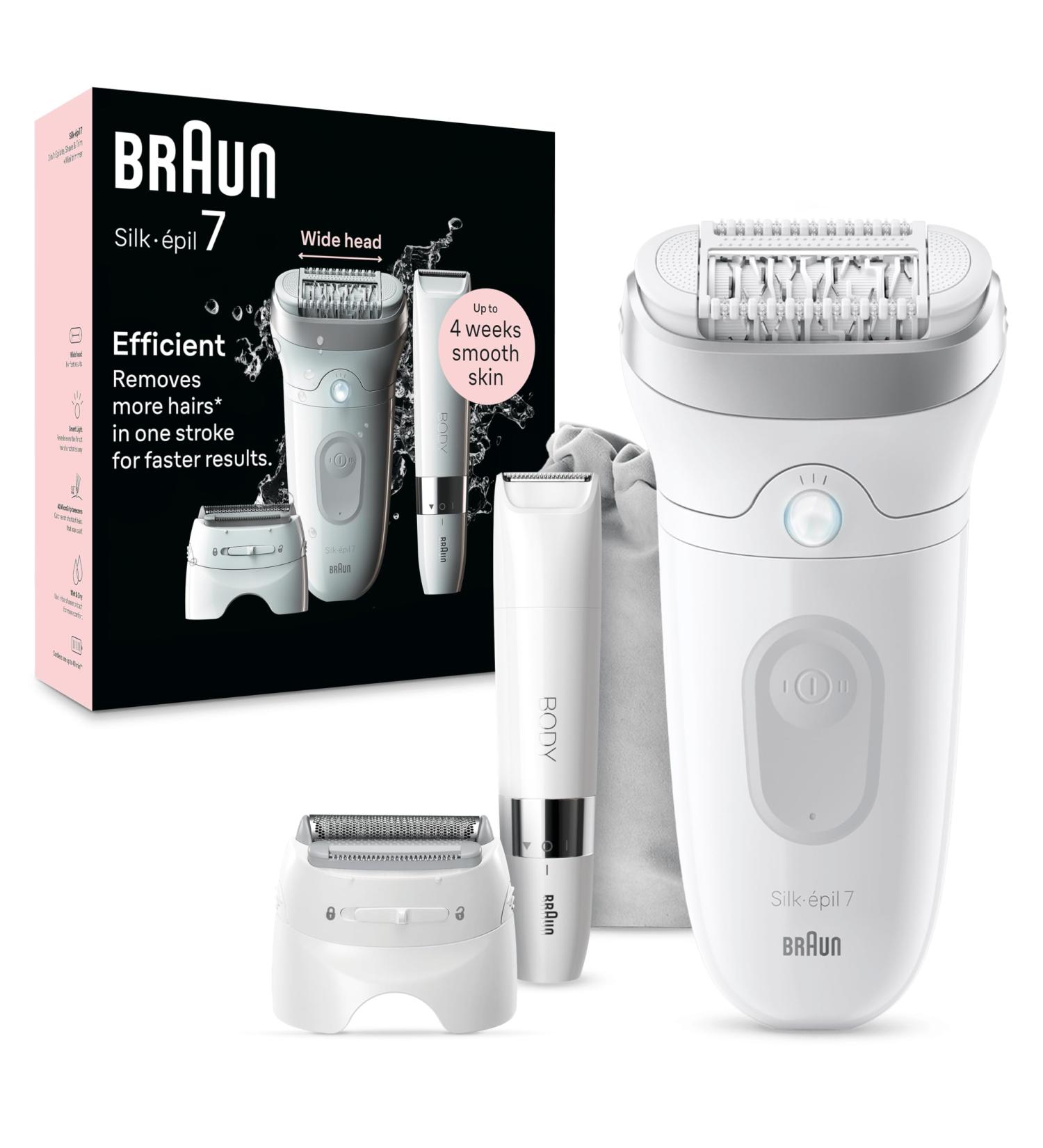Braun Silk- pil 7 Epilator with Wide Head for Easy Hair Removal Wet & Dry Lasting Smooth Skin with Lady Shaver Head & Trimmer Comb Body Mini Shaver 7-441 White/Silver SE7-441 - Buy Online on GoSupps.com