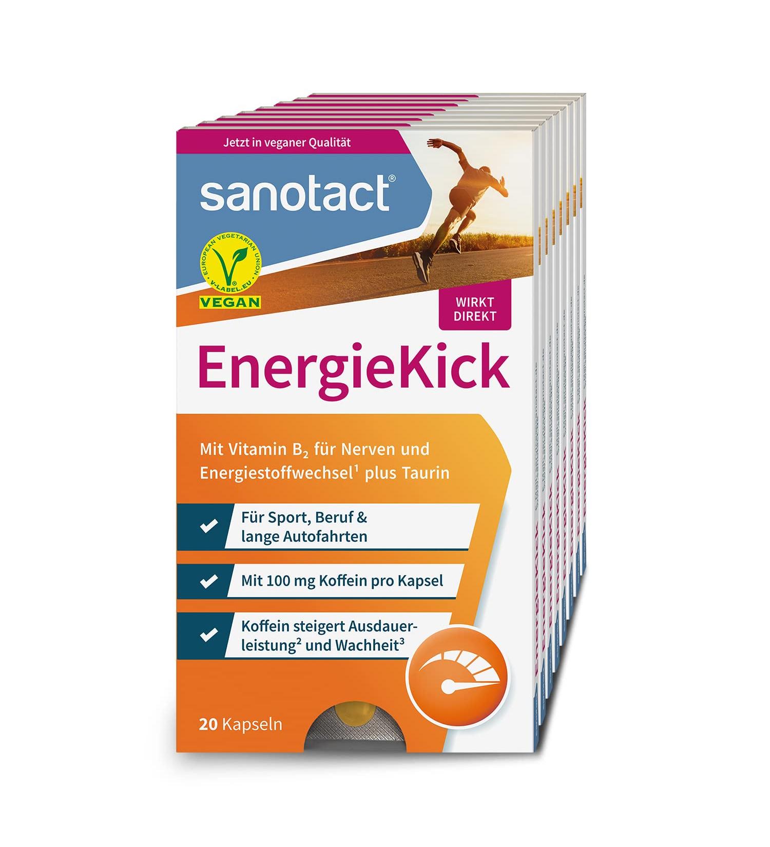 Sanotact Energy Kick - 8x20 Vegan Energy Capsules | Caffeine Taurine & Vitamin B2 Boost for Tiredness Relief - Buy Online on GoSupps.com