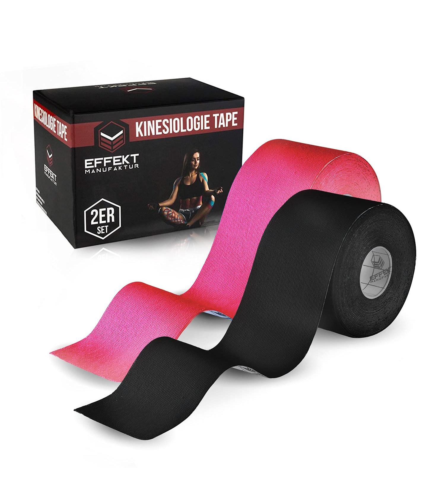 Effekt Kinesiology Tape Waterproof (5m x 5cm) - Pink & Black 2 Rolls | Elastic Physio Tape for Muscle Support & Recovery - Buy Online on GoSupps.com