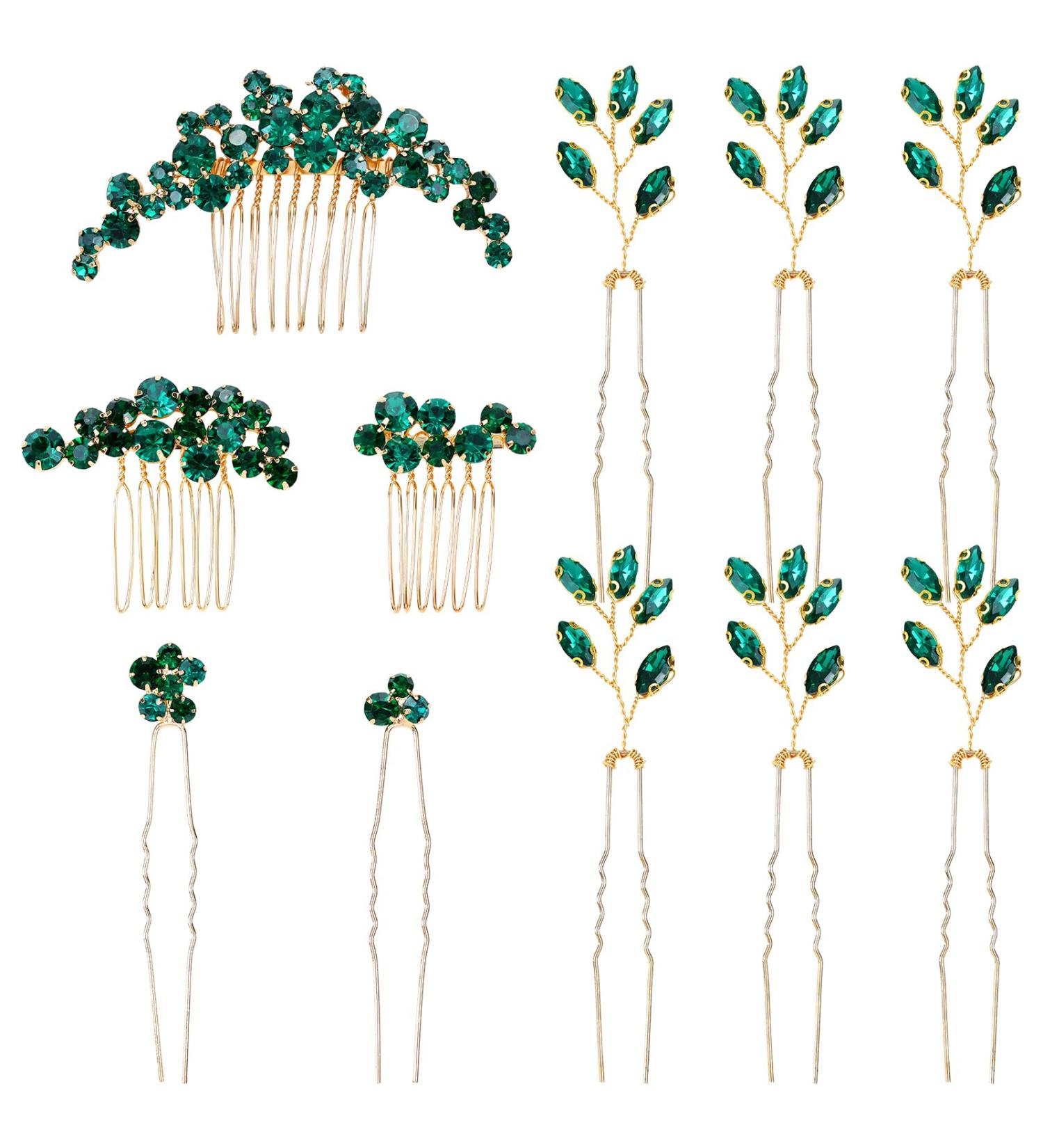 inSowni 11 Pieces Vintage Emerald Green Headpieces Party Prom Wedding Bridal Rhinestone Hair Side Combs Slides+U-shaped Hair Pins Accessories for Brides Bridesmaids Women Girls - Buy Online on GoSupps.com
